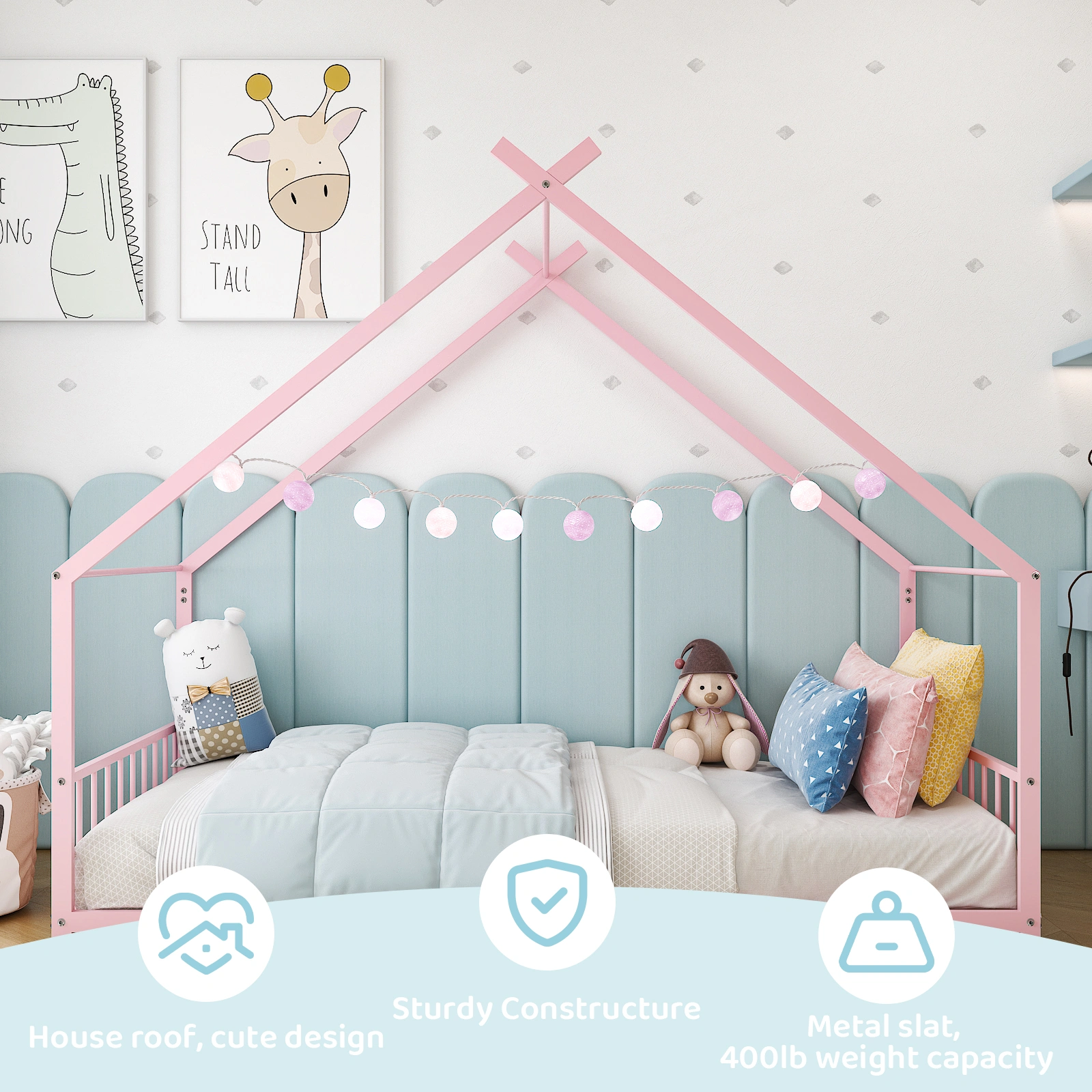 Pink Twin Iron Children's Bed, House-Shape Flat Bed Platform with Side Guardrails view 11