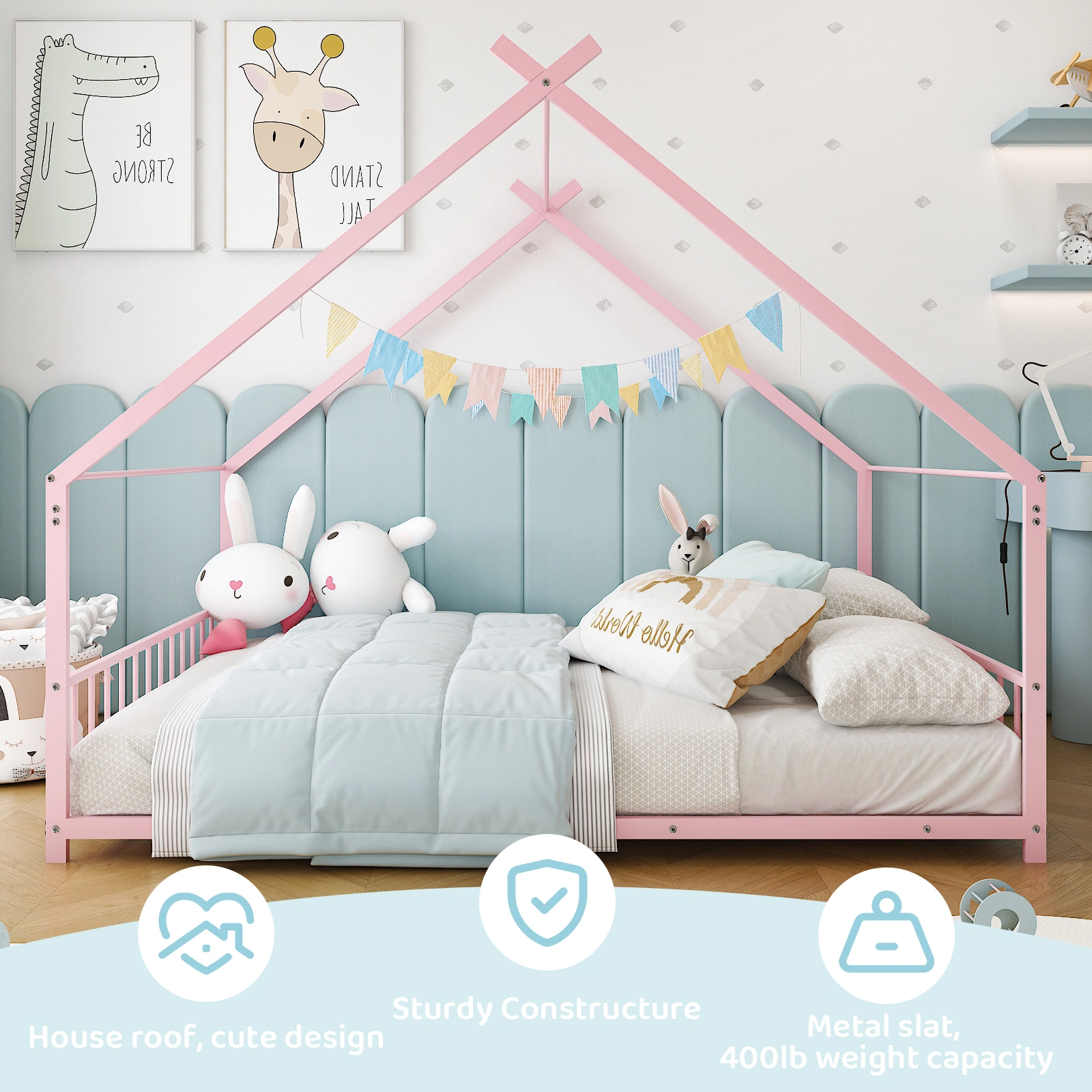 Pink Twin Iron Children's Bed, House-Shape Flat Bed Platform with Side Guardrails view 12