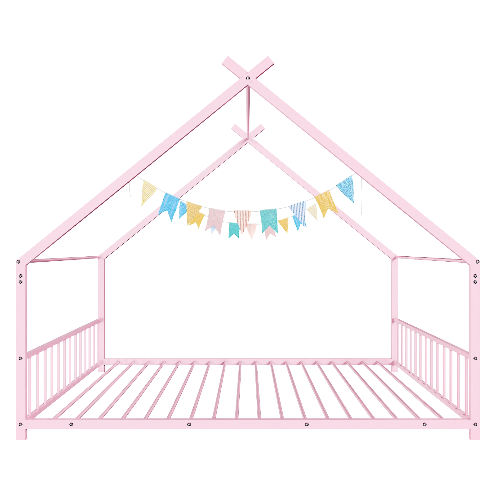 Pink Twin Iron Children's Bed, House-Shape Flat Bed Platform with Side Guardrails view 9