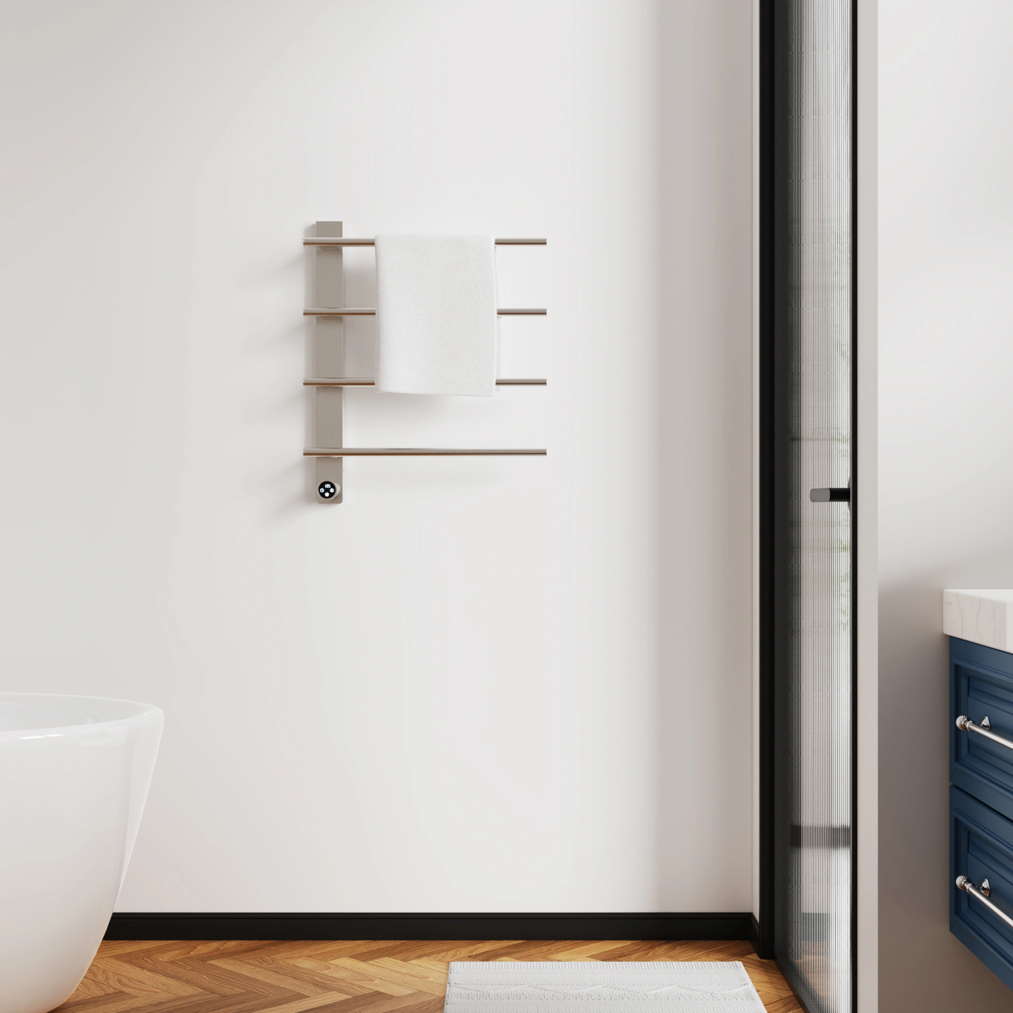 Brushed Nickel Heated Towel Rack for Bathroom,Wall Mounted with Intelligent Touch Screen Timer, 4-Bar Towel Warmer, 304 Stainless Steel Polished, Plug-in/Hard-Wired[Unable ship on weekends, TK/TEMU only for pickup, only TX10643 warehouse supports GOF view 9