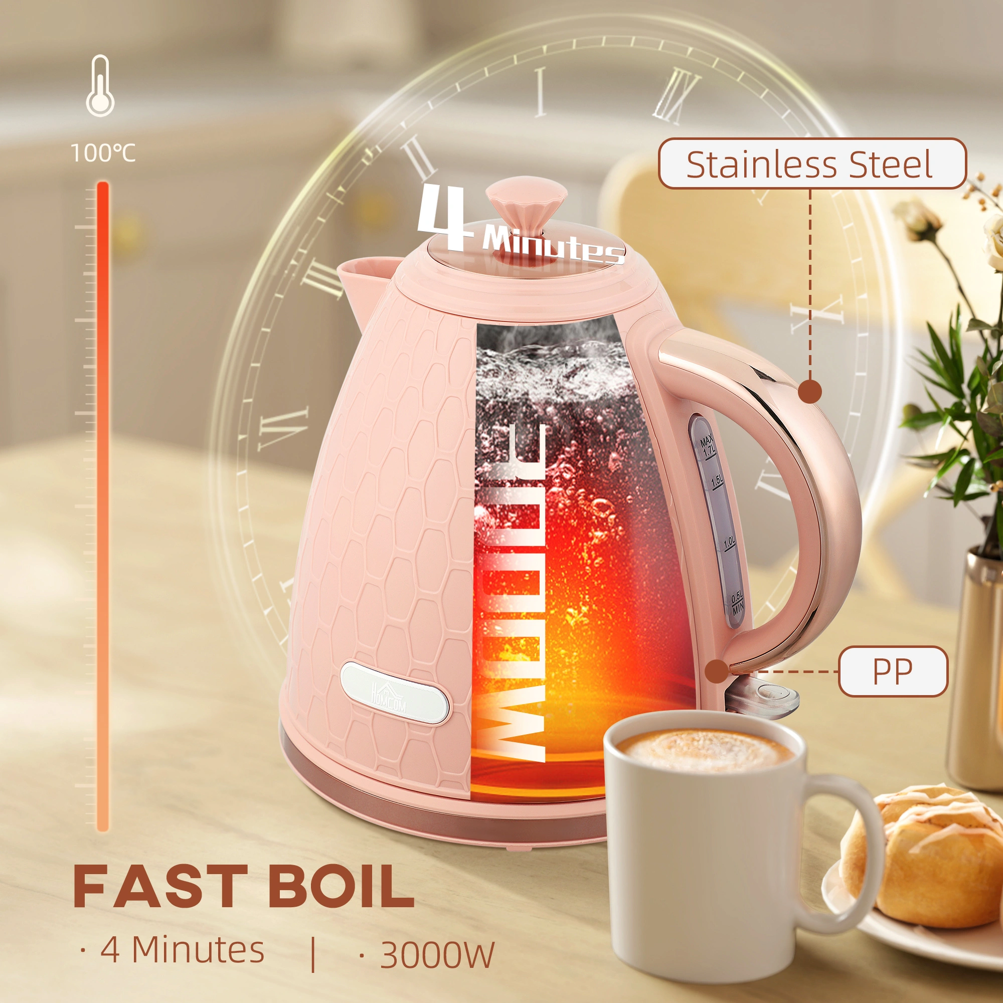 Electric Kettle 1.7L Rapid Boil, Stainless Steel, Auto Shut-Off, Boil-Dry Protection, BPA-Free view 3