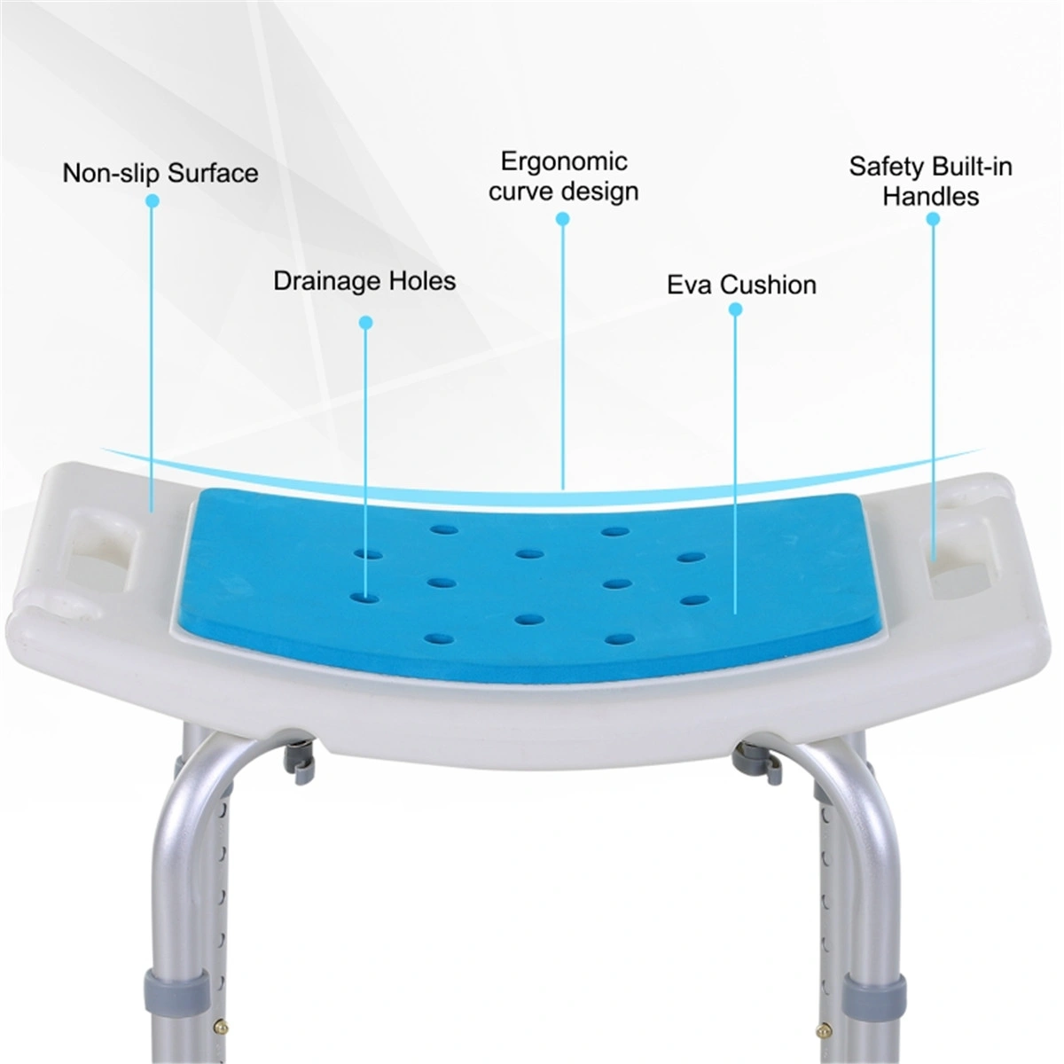 Shower Chair with Backrest & Padded Seat, Non-Slip Rubber Feet, Adjustable Height Bathing Seat for Elderly & Disabled view 2