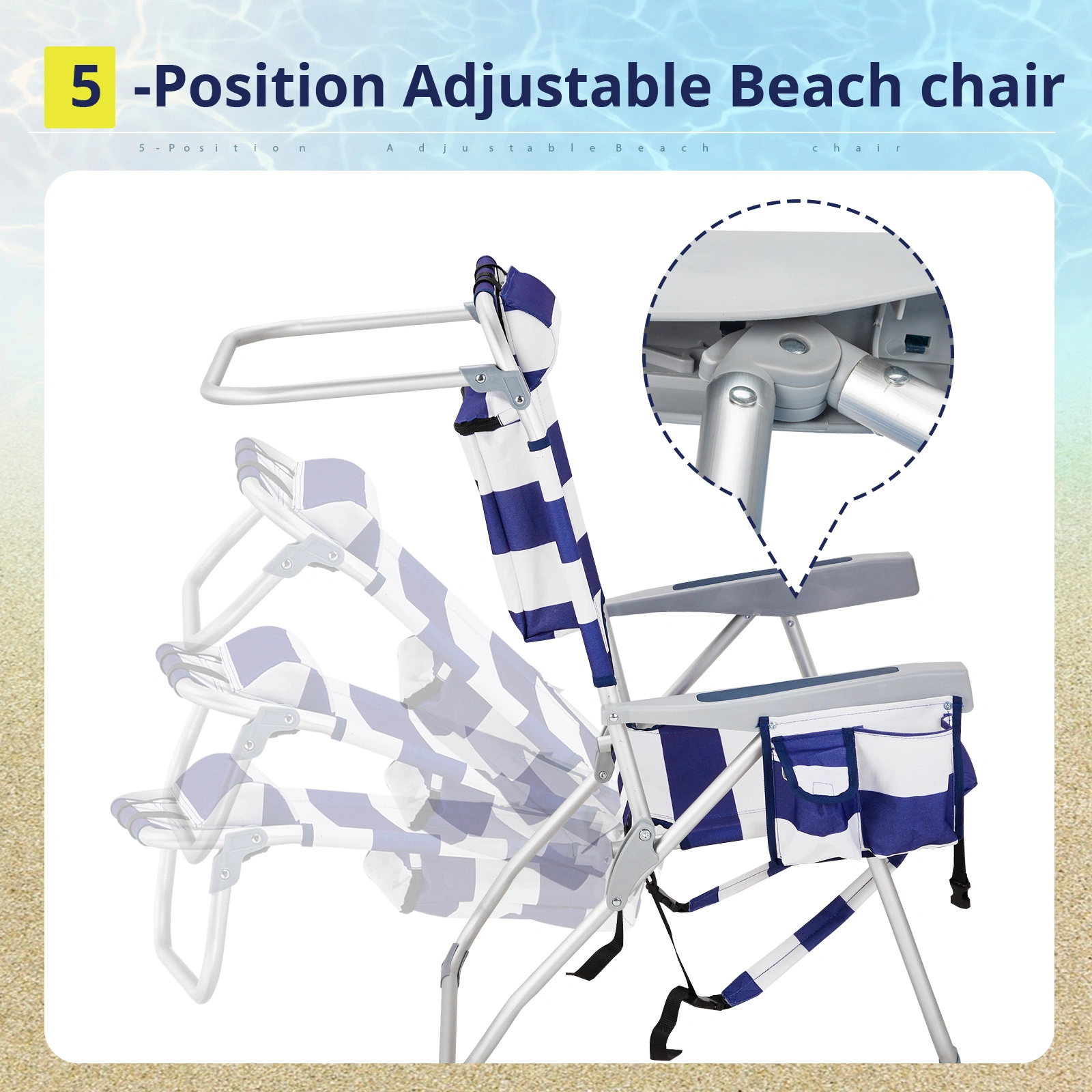 63x70x99cm Blue Stripe Beach Chair Oxford Cloth Silver White Aluminum Tube 100kg view 14