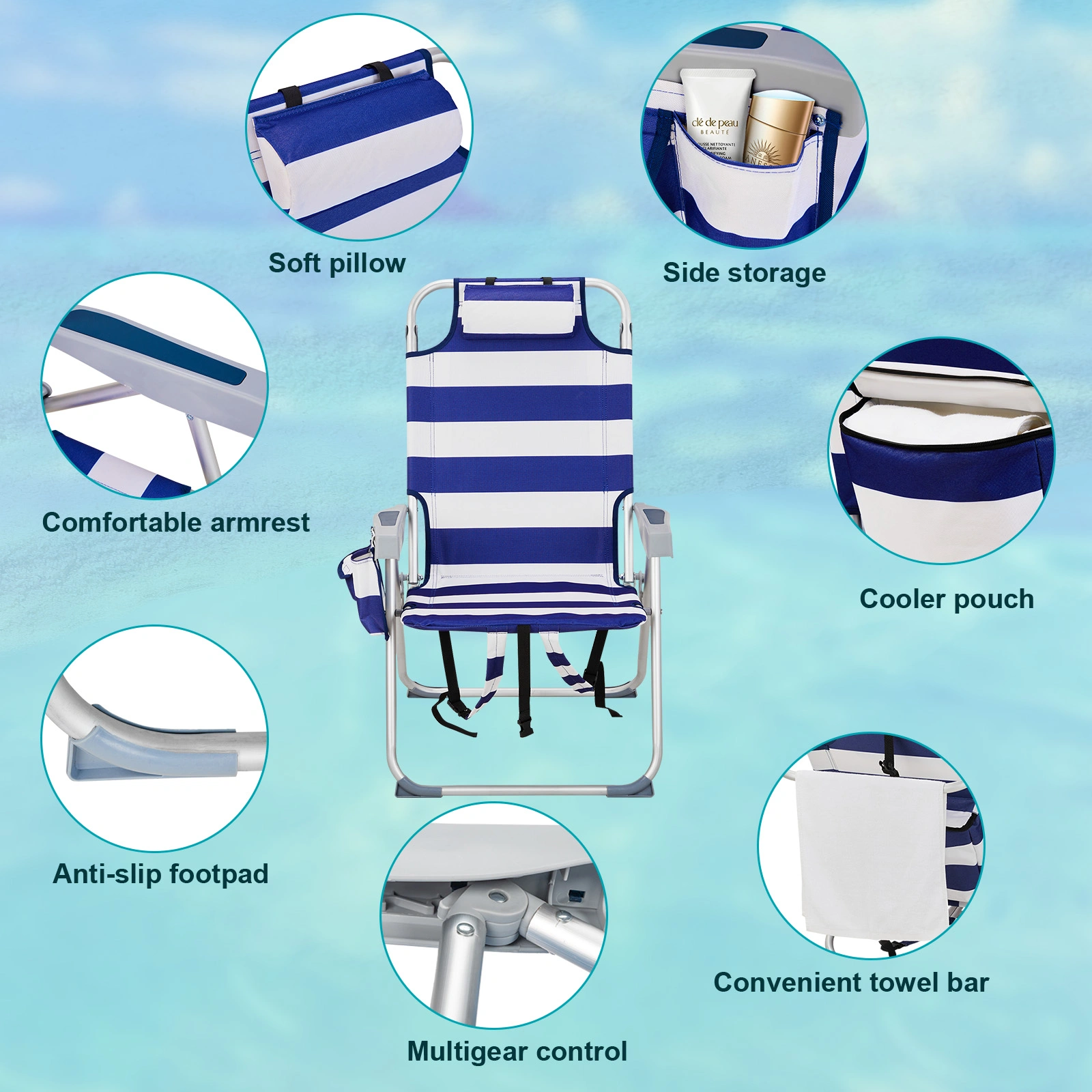 63x70x99cm Blue Stripe Beach Chair Oxford Cloth Silver White Aluminum Tube 100kg view 15