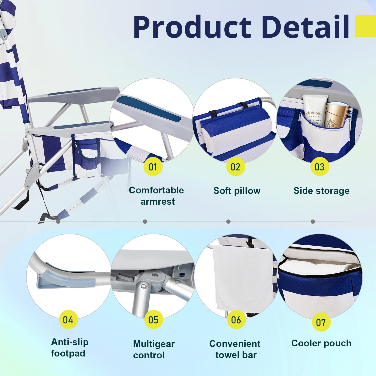 63x70x99cm Blue Stripe Beach Chair Oxford Cloth Silver White Aluminum Tube 100kg view 16