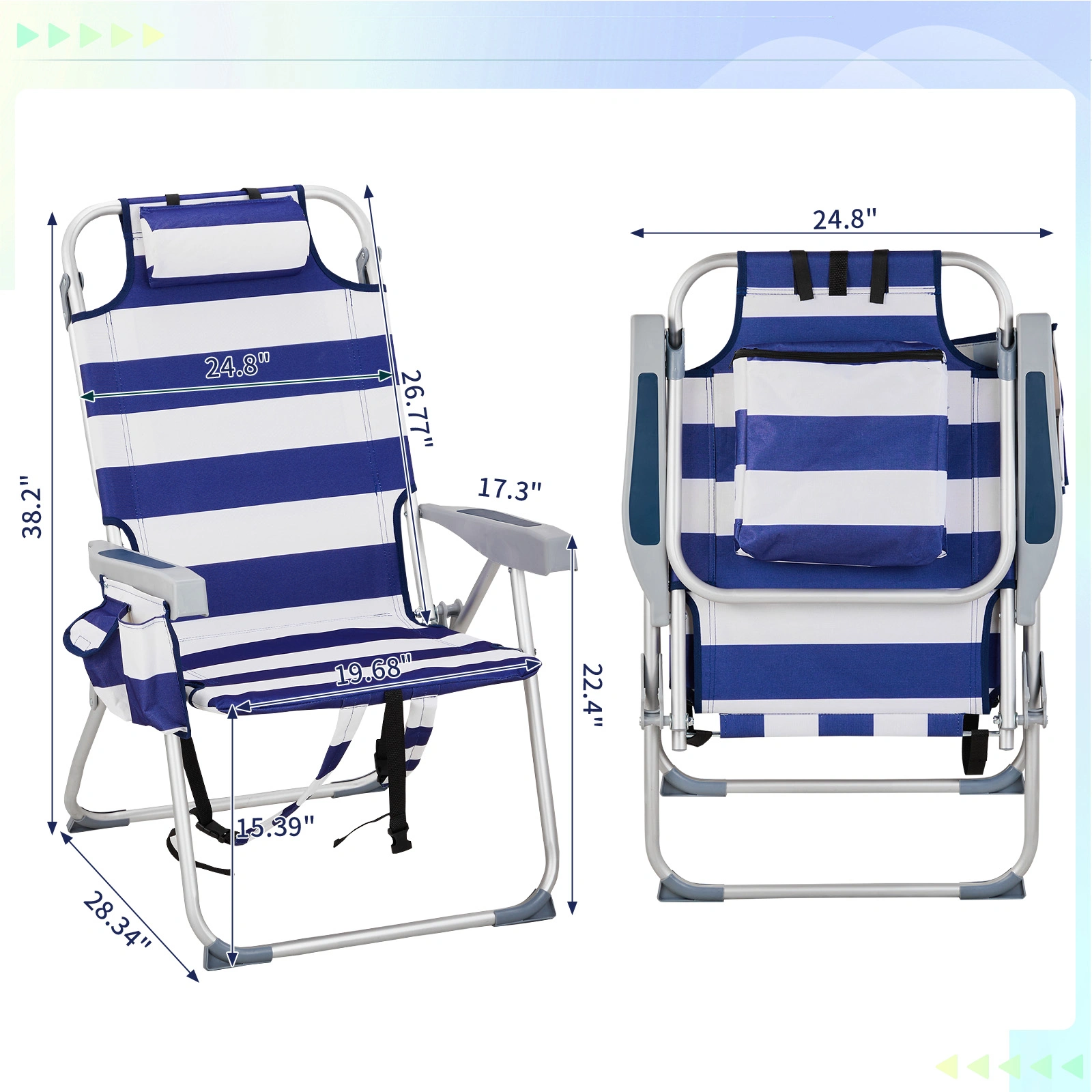 63x70x99cm Blue Stripe Beach Chair Oxford Cloth Silver White Aluminum Tube 100kg view 6