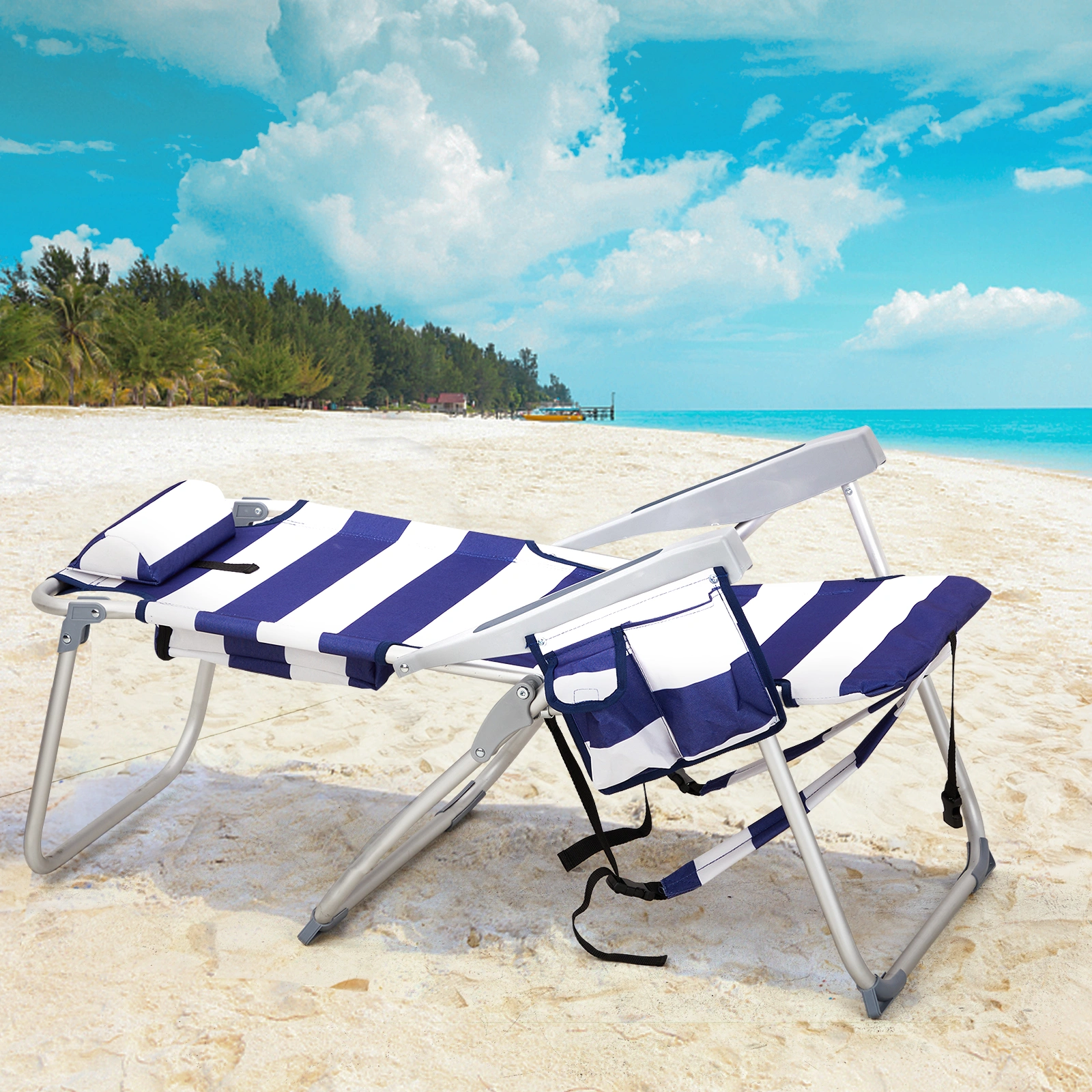 63x70x99cm Blue Stripe Beach Chair Oxford Cloth Silver White Aluminum Tube 100kg view 8