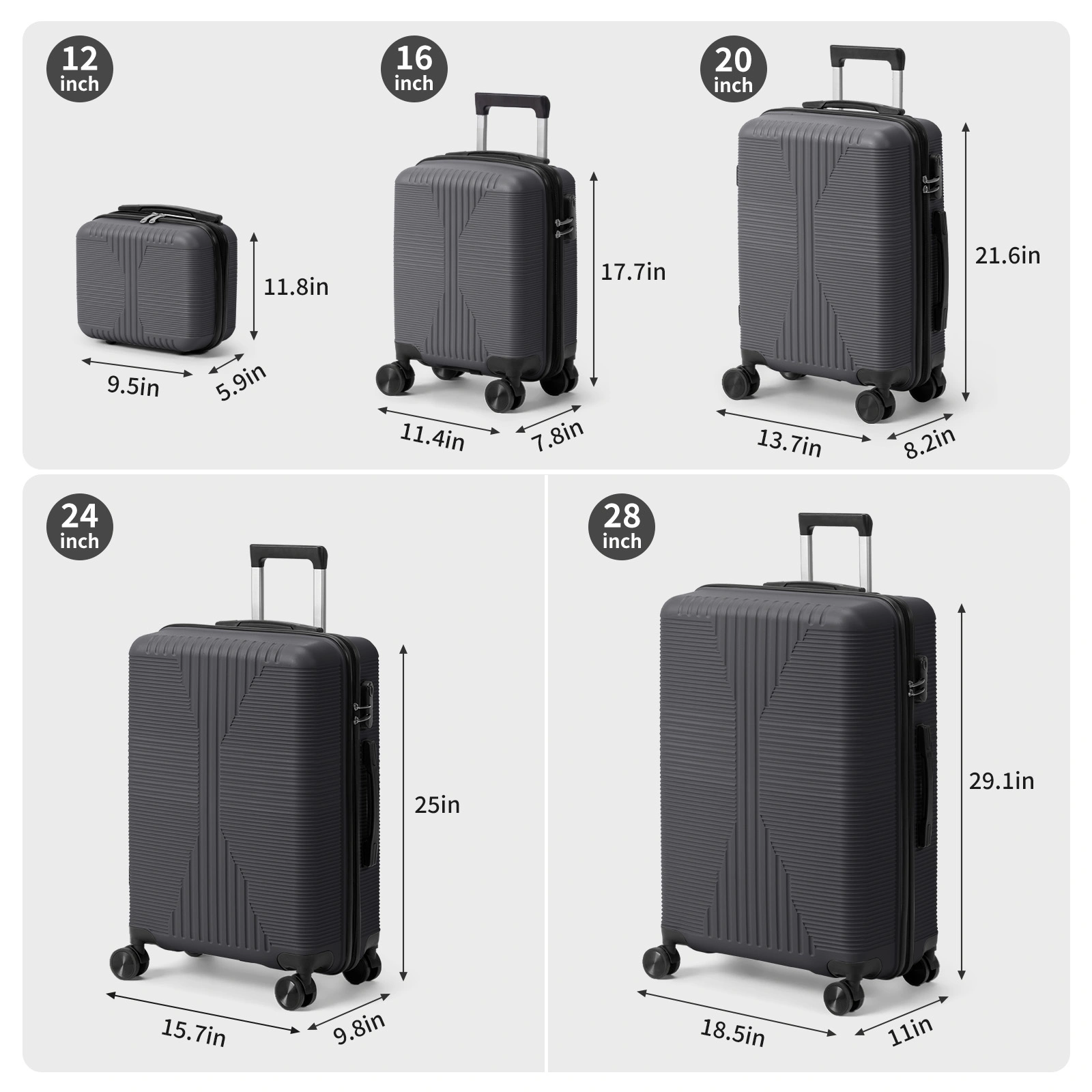 Non-TSA customs lock 5-in-1 PP trolley case, 12in, 16in, 20in, 24in, 28in, PP, dark gray view 23