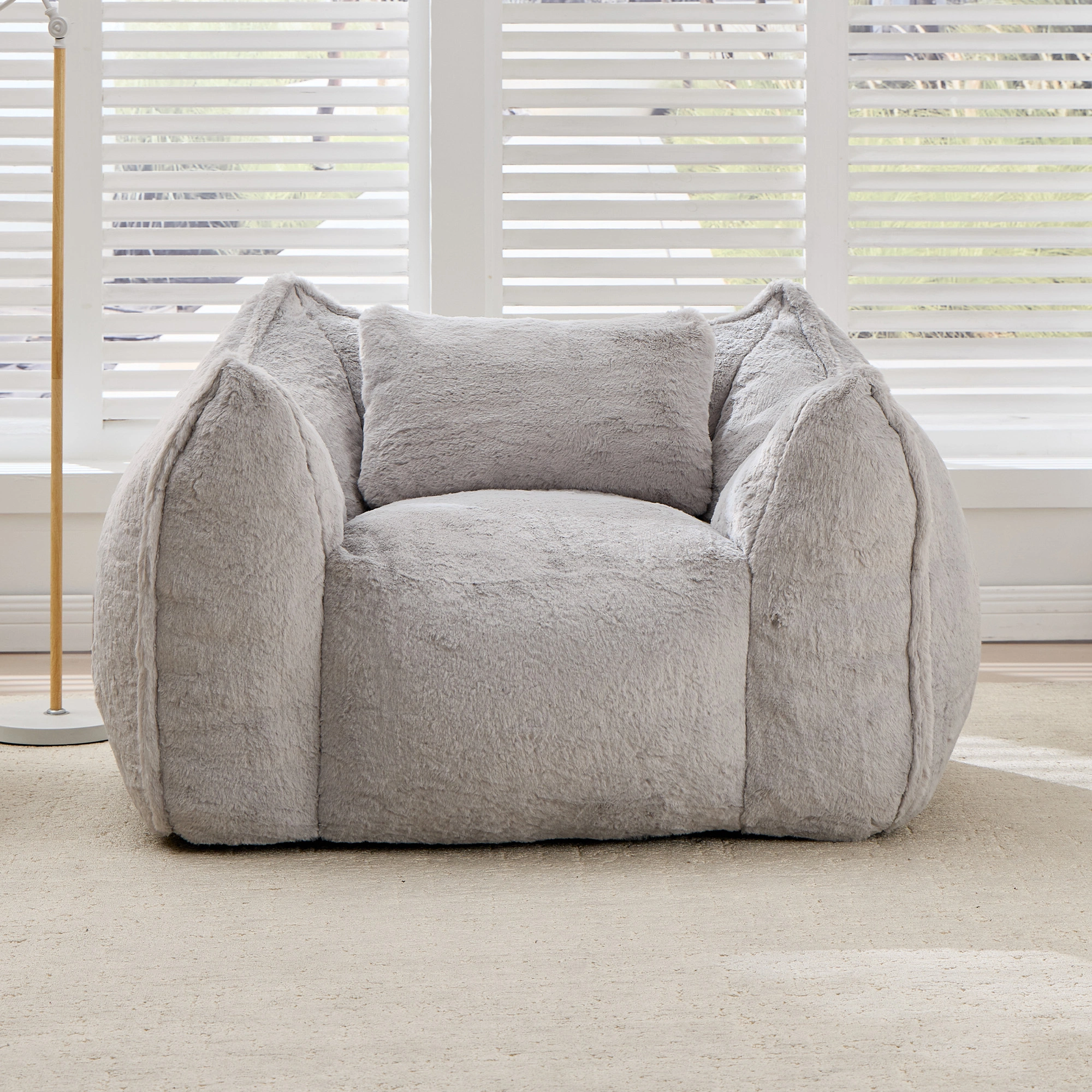 Giant Bean Bag Chair with Pillow, Large Faux Fur Beanbag for Adults & Kids, Comfy Floor Sofa for Living Room Bedroom Apartment, Grey view 2