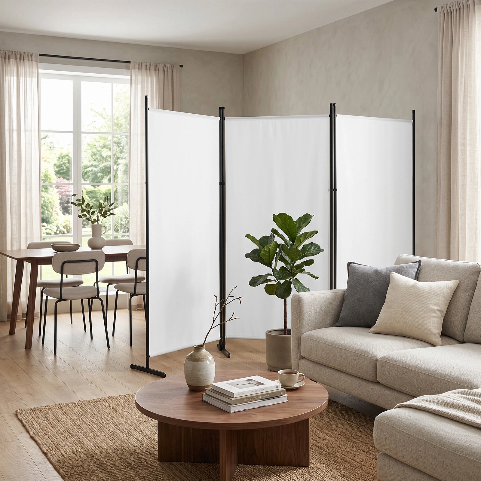 6FT 3-Fold Room Divider Screen, Polyester Fabric Privacy Divider with Carbon Steel Frame & Plastic Feet, 160g, Off-White