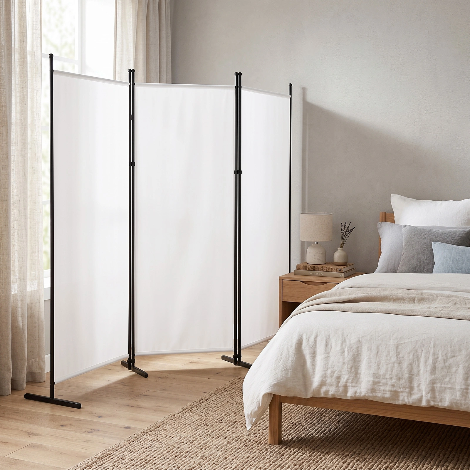 6FT 3-Fold Room Divider Screen, Polyester Fabric Privacy Divider with Carbon Steel Frame & Plastic Feet, 160g, Off-White view 10