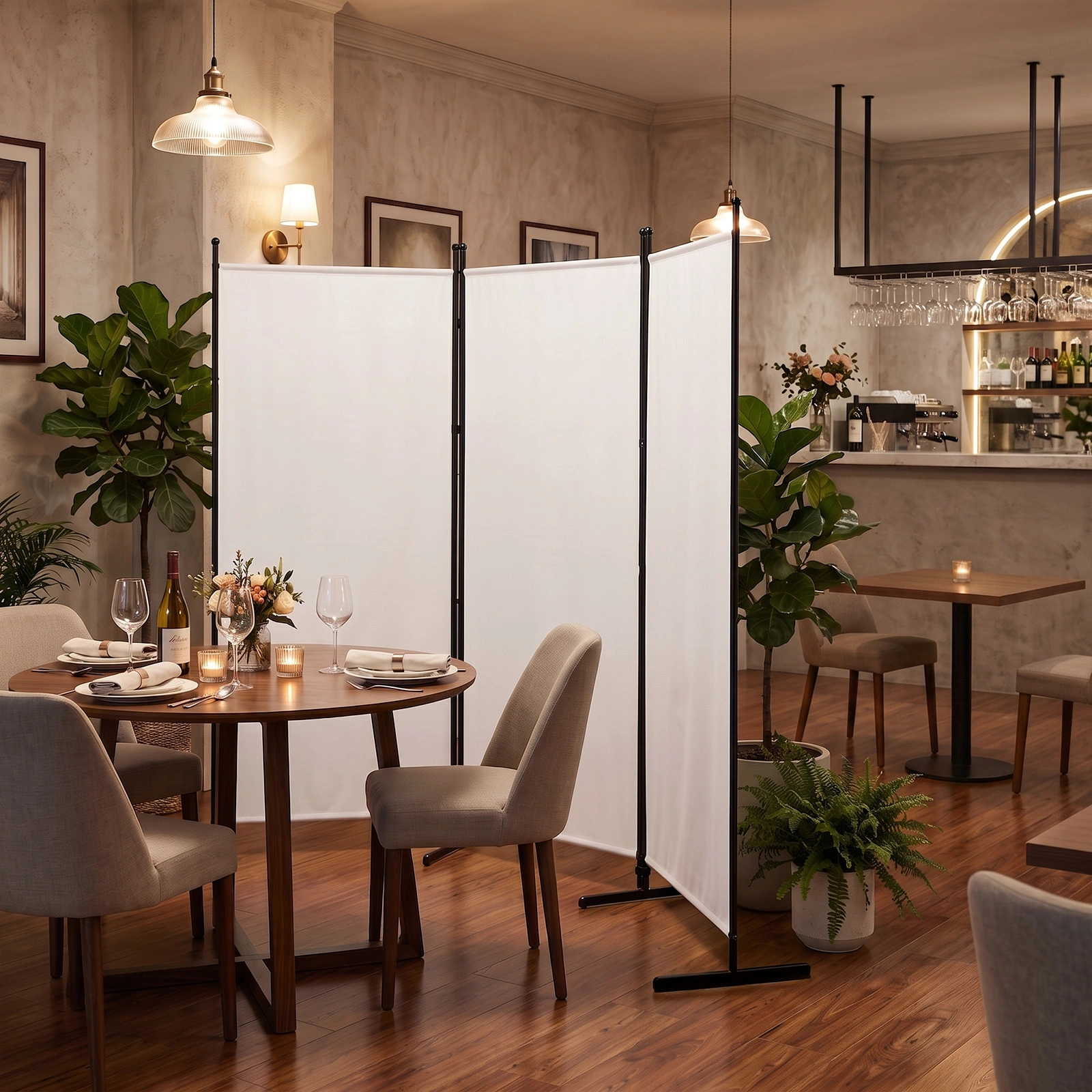 6FT 3-Fold Room Divider Screen, Polyester Fabric Privacy Divider with Carbon Steel Frame & Plastic Feet, 160g, Off-White view 12
