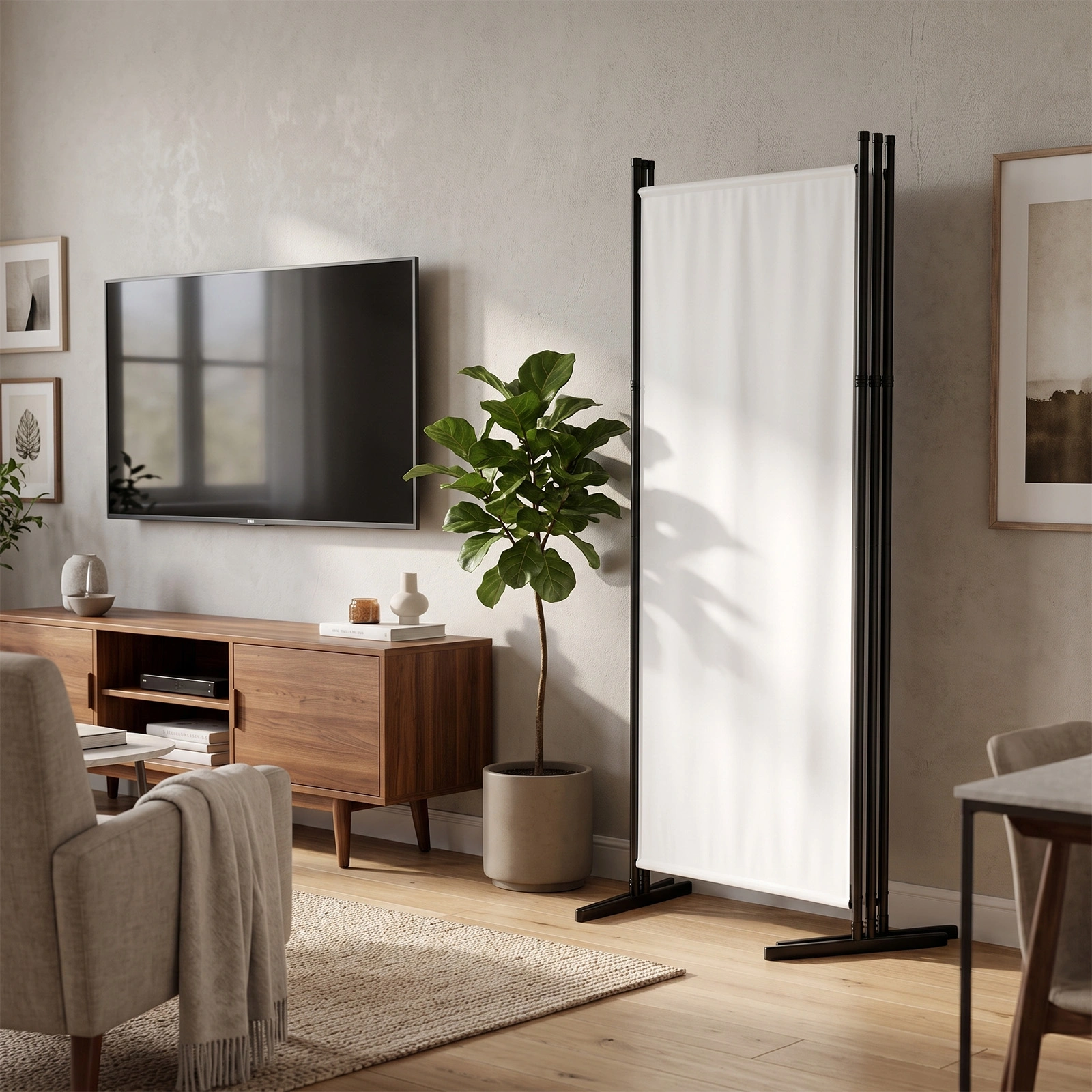 6FT 3-Fold Room Divider Screen, Polyester Fabric Privacy Divider with Carbon Steel Frame & Plastic Feet, 160g, Off-White view 13
