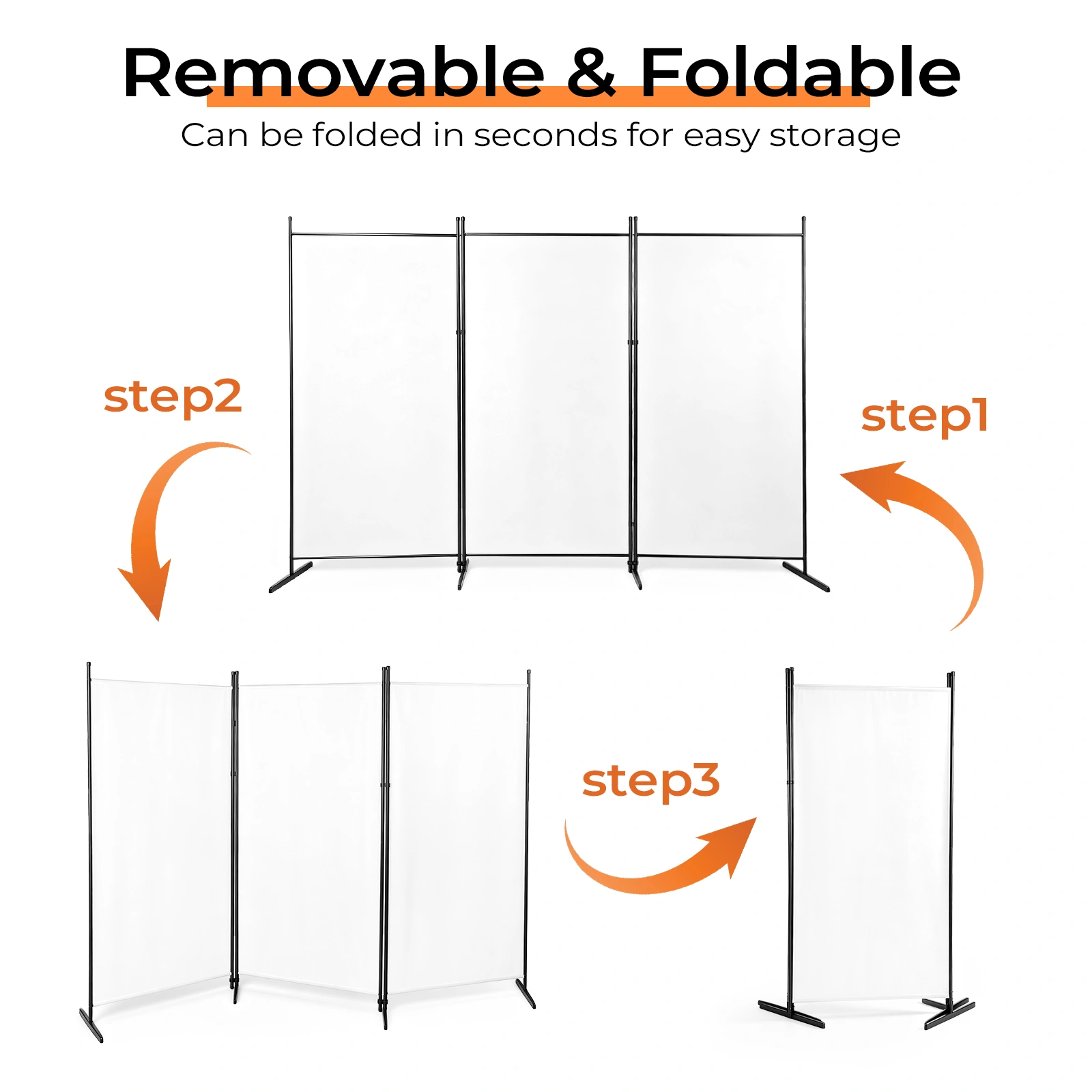6FT 3-Fold Room Divider Screen, Polyester Fabric Privacy Divider with Carbon Steel Frame & Plastic Feet, 160g, Off-White view 7