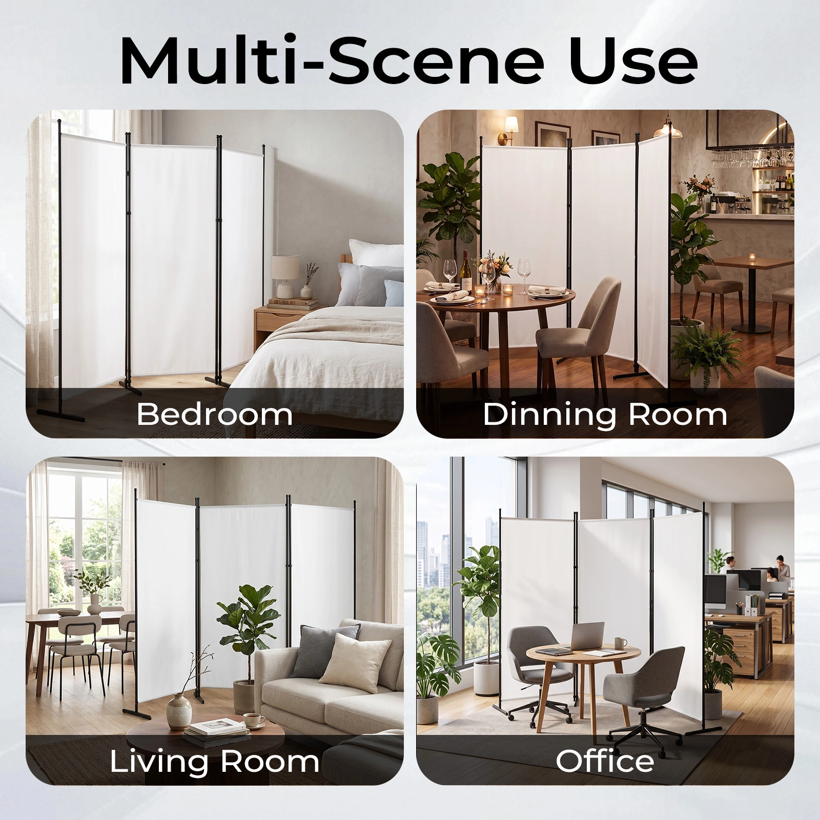 6FT 3-Fold Room Divider Screen, Polyester Fabric Privacy Divider with Carbon Steel Frame & Plastic Feet, 160g, Off-White view 9