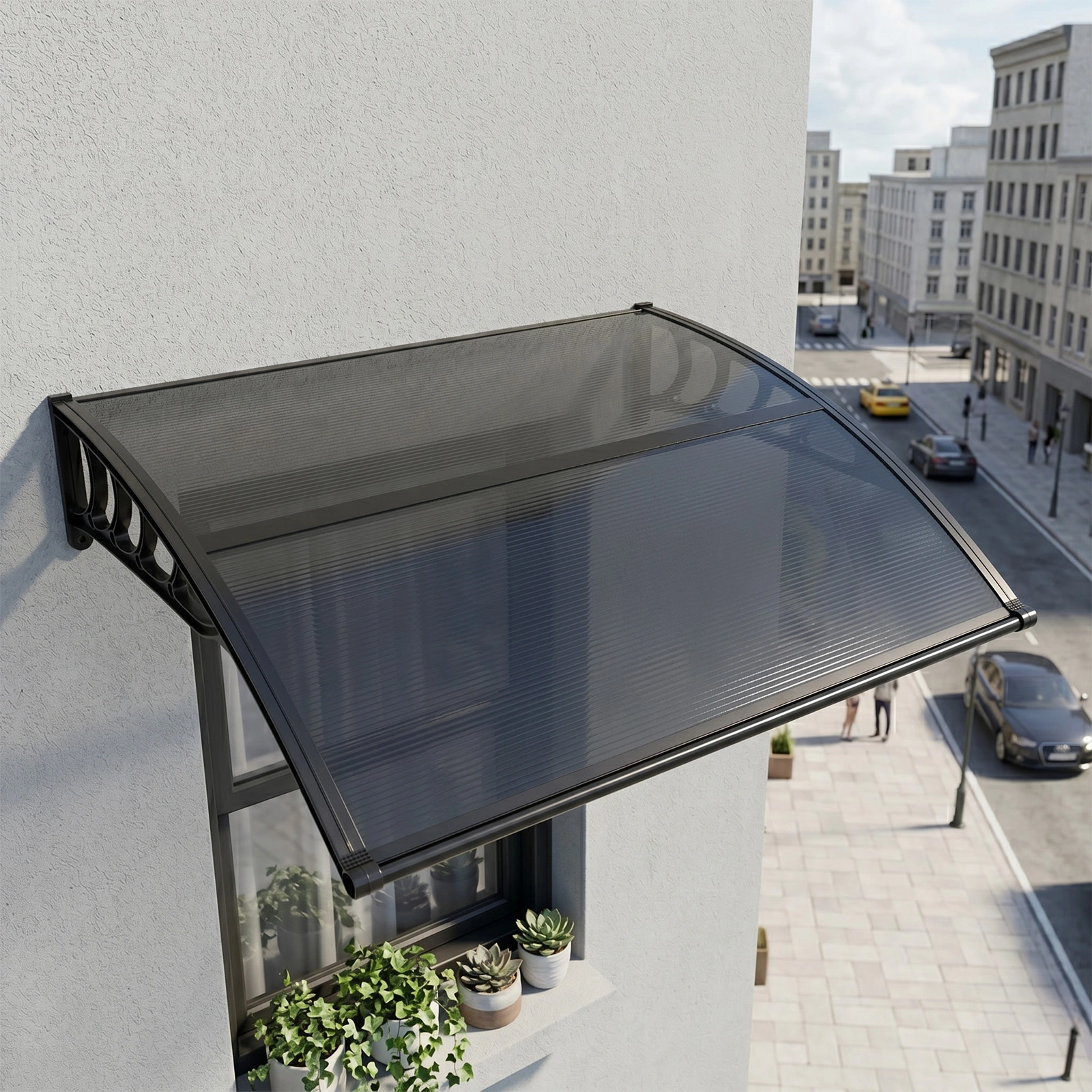 Awning for Door Entrance with Drainage Sink, 40x40 Inch Window Canopy Exterior, UV Rain Snow Protection for House Porch Patio Deck, Black Bracket & Brown Board view 10