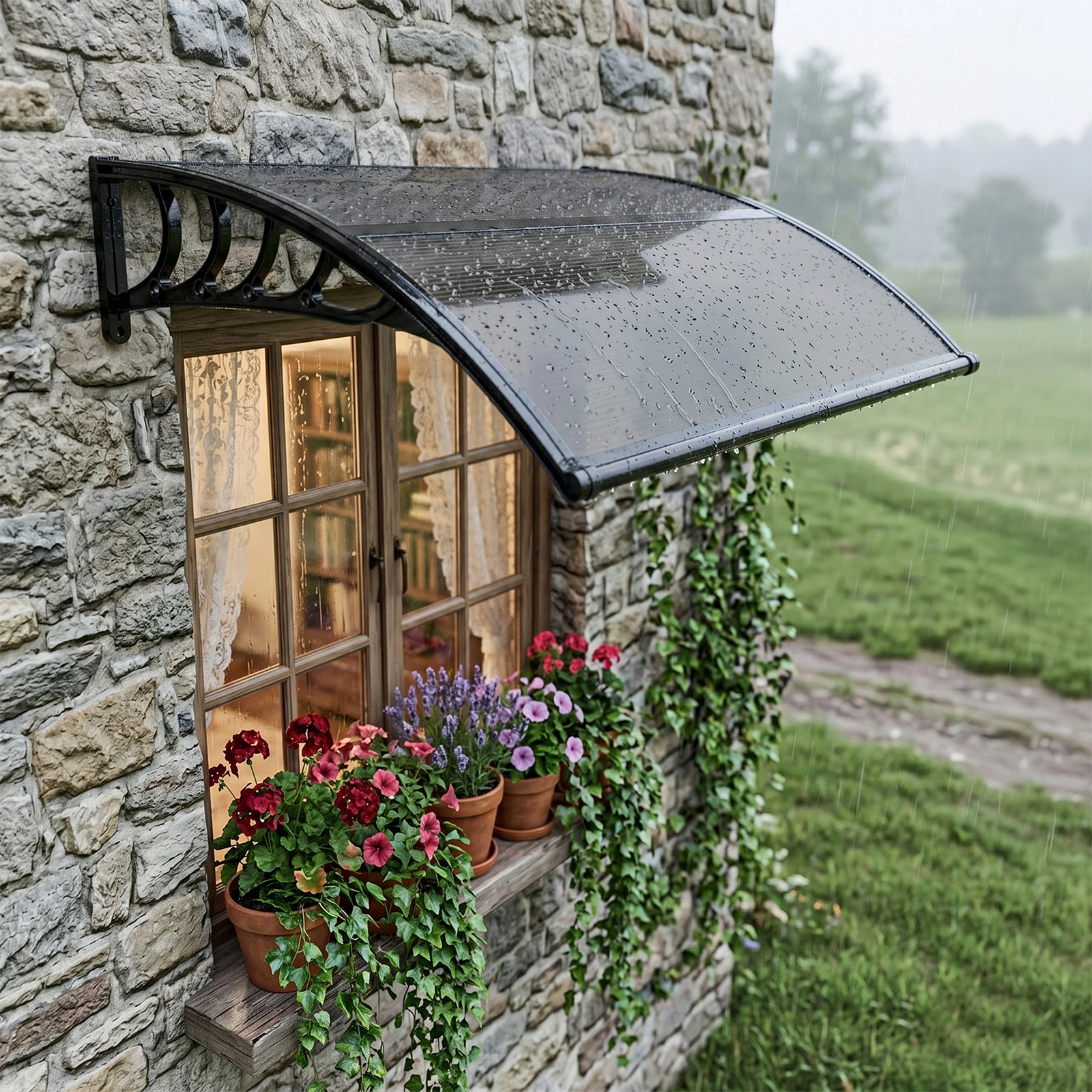 Awning for Door Entrance with Drainage Sink, 40x40 Inch Window Canopy Exterior, UV Rain Snow Protection for House Porch Patio Deck, Black Bracket & Brown Board view 14