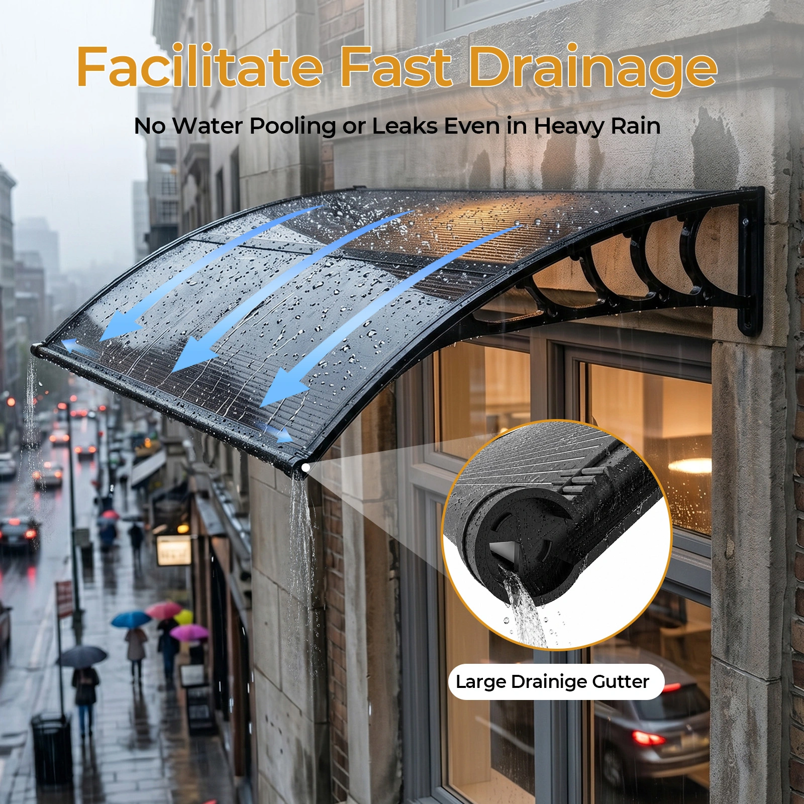 Awning for Door Entrance with Drainage Sink, 40x40 Inch Window Canopy Exterior, UV Rain Snow Protection for House Porch Patio Deck, Black Bracket & Brown Board view 4
