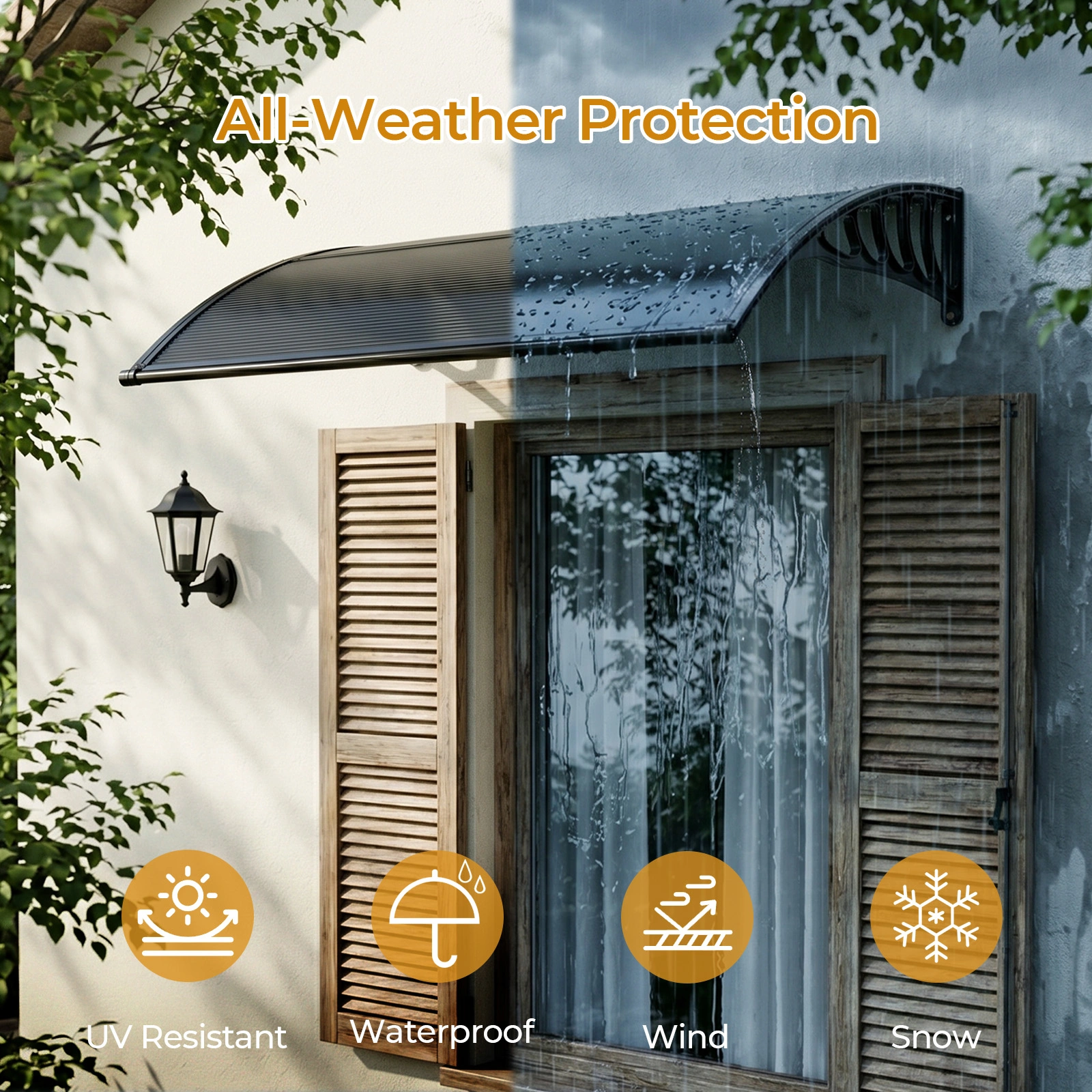 Awning for Door Entrance with Drainage Sink, 40x40 Inch Window Canopy Exterior, UV Rain Snow Protection for House Porch Patio Deck, Black Bracket & Brown Board view 6
