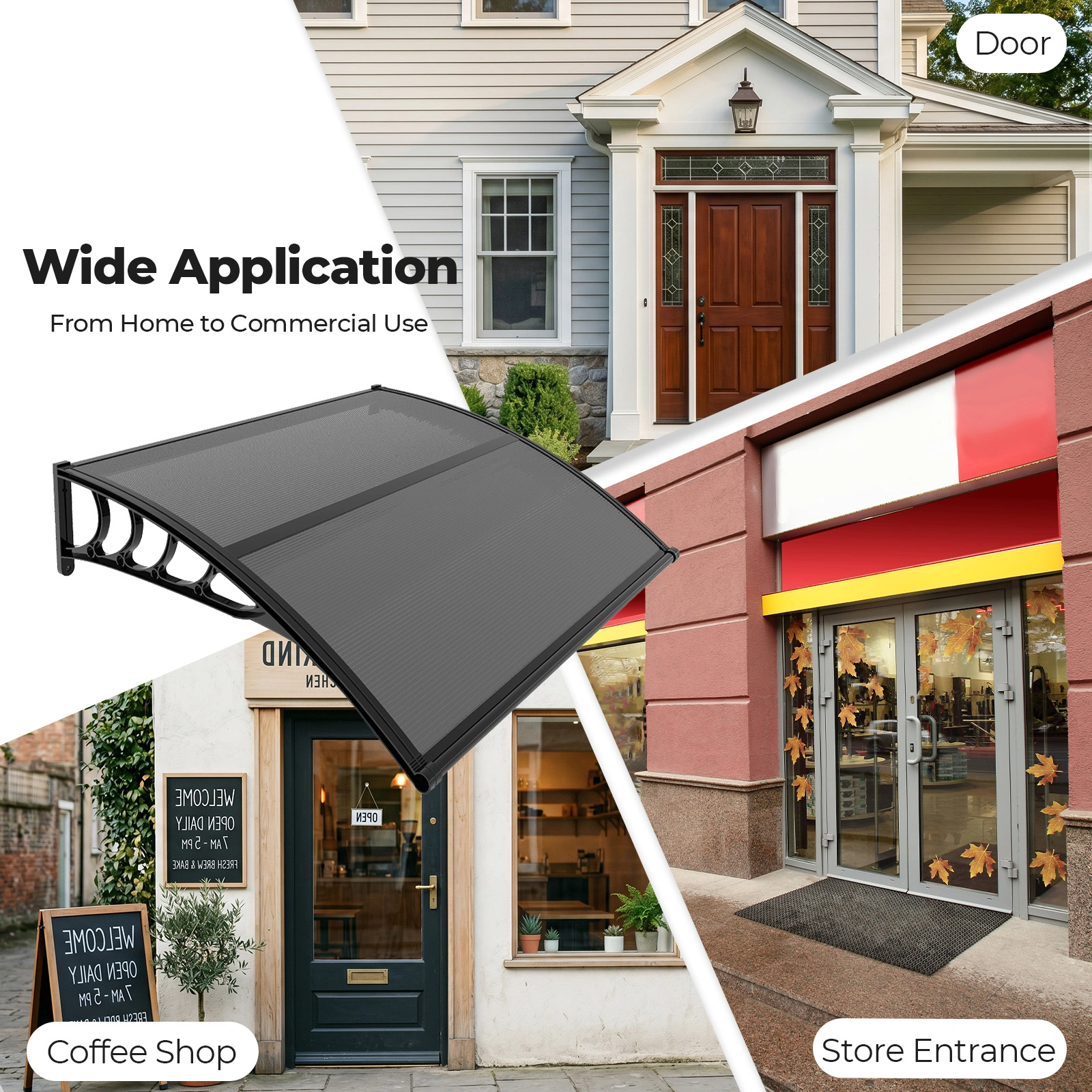 Awning for Door Entrance with Drainage Sink, 40x40 Inch Window Canopy Exterior, UV Rain Snow Protection for House Porch Patio Deck, Black Bracket & Brown Board view 7