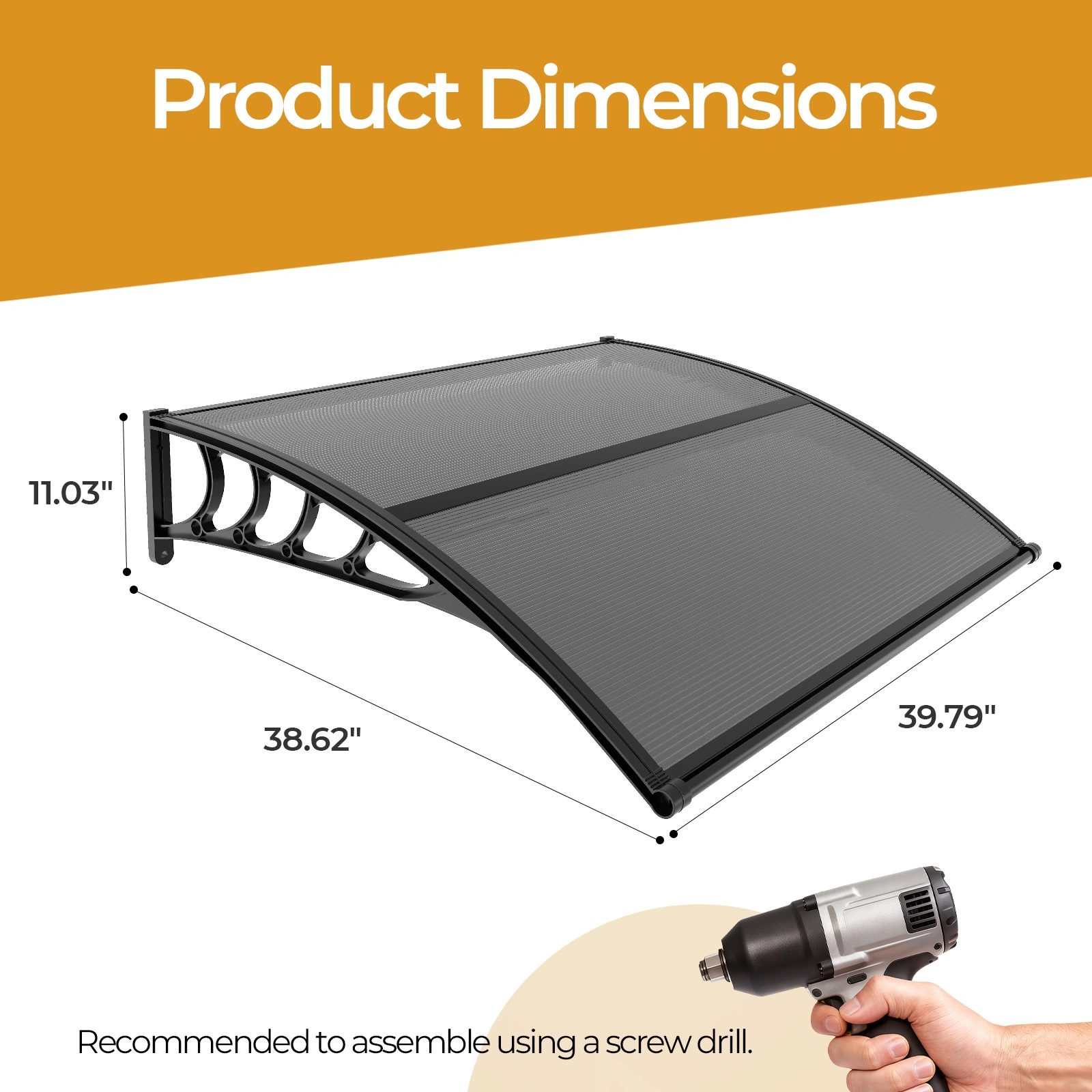 Awning for Door Entrance with Drainage Sink, 40x40 Inch Window Canopy Exterior, UV Rain Snow Protection for House Porch Patio Deck, Black Bracket & Brown Board view 9