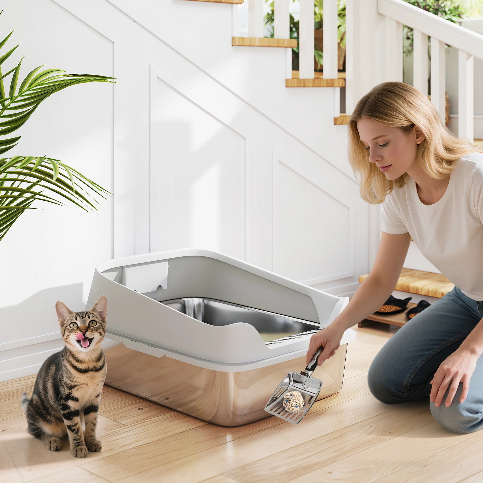 Cat Litter Box 23" x 19" Large Self-Cleaning Litter Box with Scoop, Smoke Gray, Top Entry Hooded Cat Litter Box
