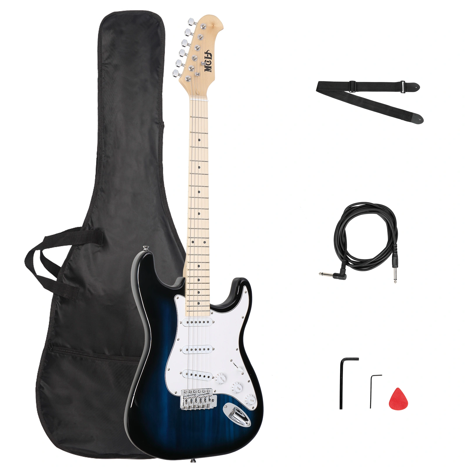 MST Electric Guitar with Maple Fingerboard & Case, Blue Body with White Pickguard view 3