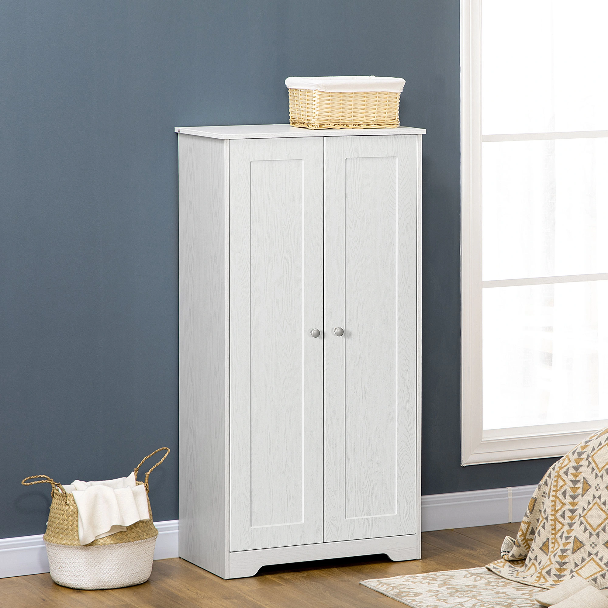 3-Door Kitchen Storage Cabinet with Shelves & Drawers, Freestanding Cupboard for Dishware & Cookware, 29.5"W x 15"D x 36"H, White Wood