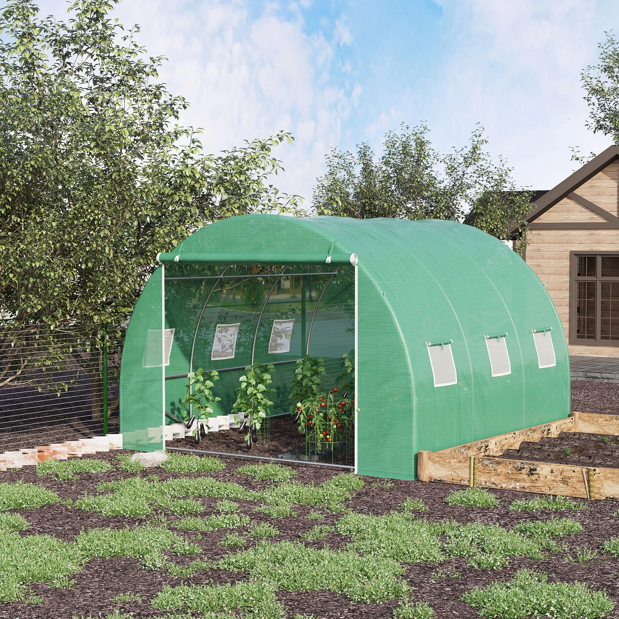 10x10x7 FT Tunnel Greenhouse Walk-in Plant Shelter Transparent PE Cover Doors with Zippers