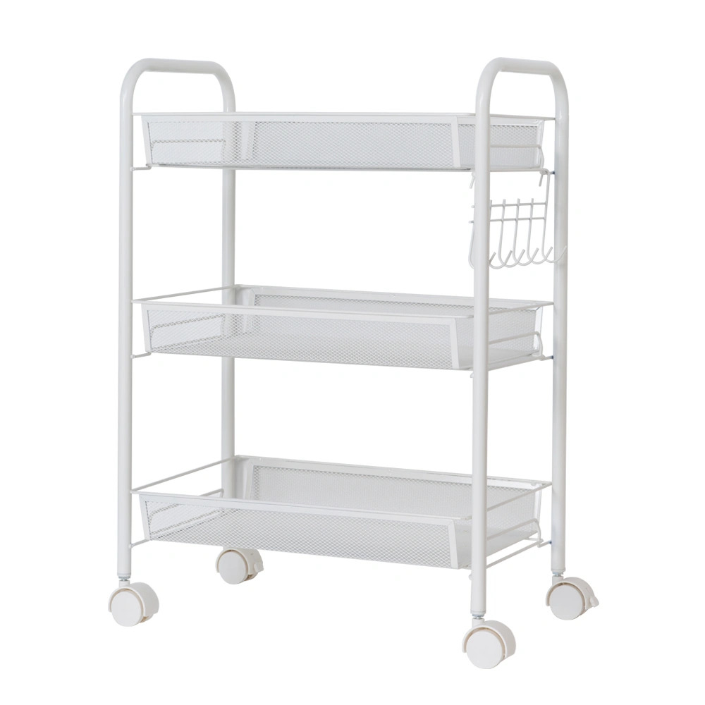 3-Tier Honeycomb Mesh Storage Cart with Hook, Ivory White Rolling Organizer
