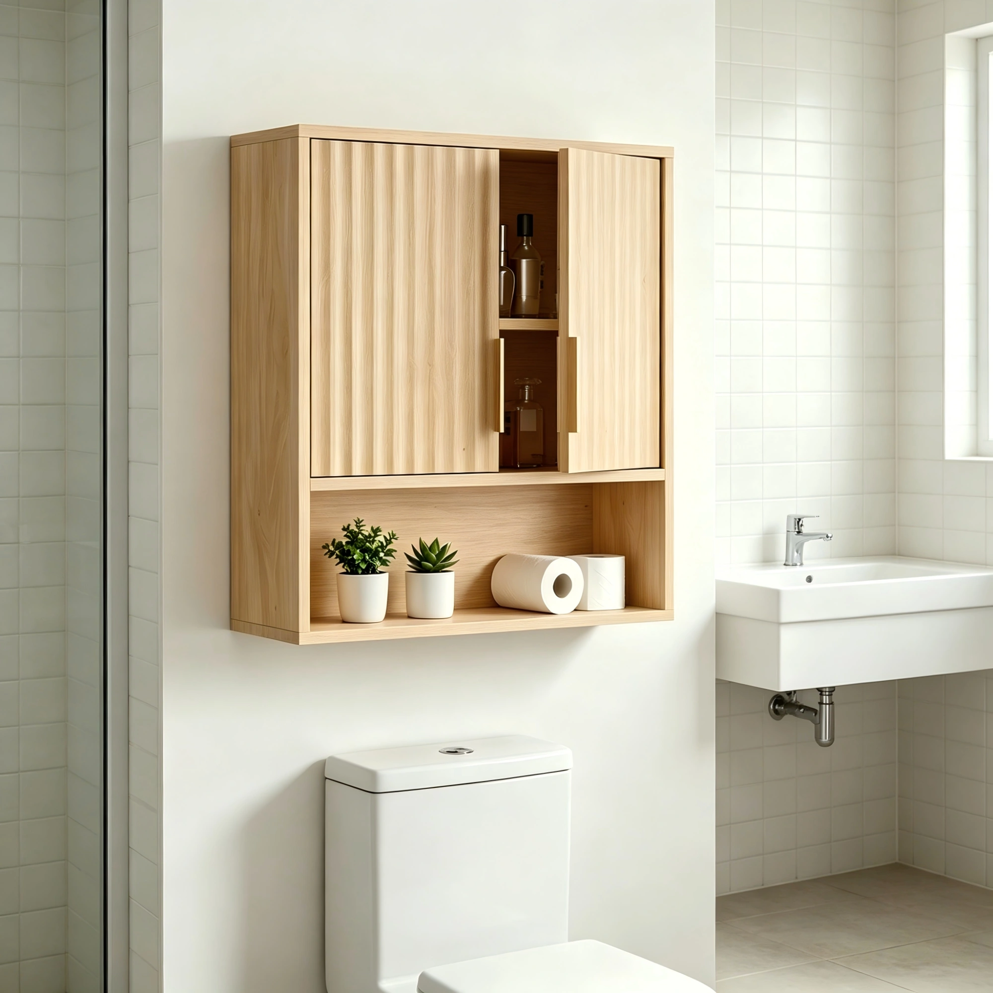 2-Door 3-Tier Slatted Bathroom Wall Cabinet 24.49"*22.83"*8.07 Oak view 10