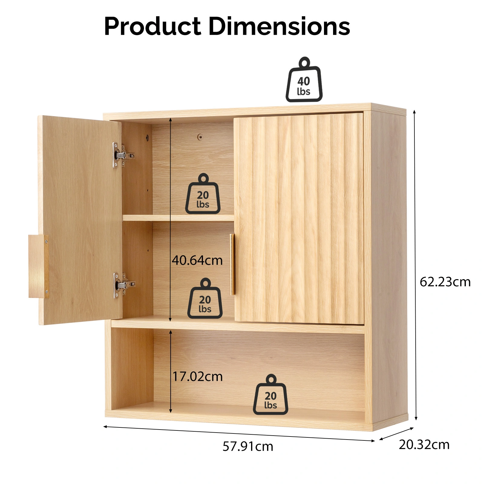 2-Door 3-Tier Slatted Bathroom Wall Cabinet 24.49"*22.83"*8.07 Oak view 4