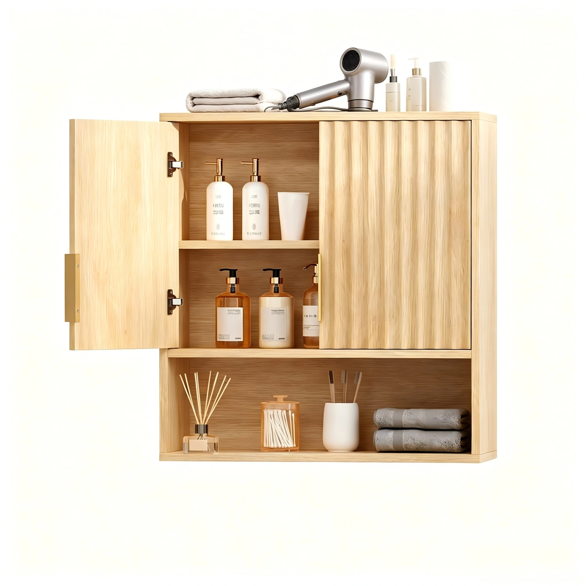 2-Door 3-Tier Slatted Bathroom Wall Cabinet 24.49"*22.83"*8.07 Oak view 8