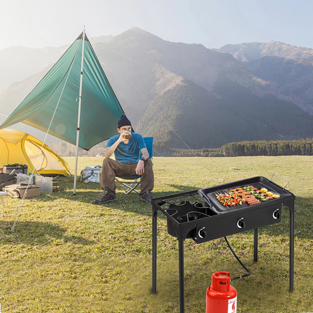 Outdoor Camp Stove High Pressure Propane Gas Cooker Portable Cast Iron Patio Cooking Burner (Three Burner 225000-BTU) view 11