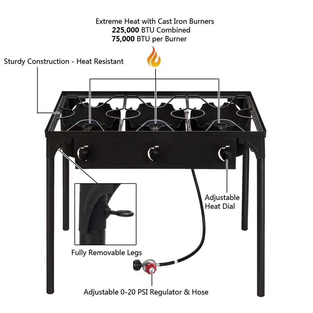 Outdoor Camp Stove High Pressure Propane Gas Cooker Portable Cast Iron Patio Cooking Burner (Three Burner 225000-BTU) view 13