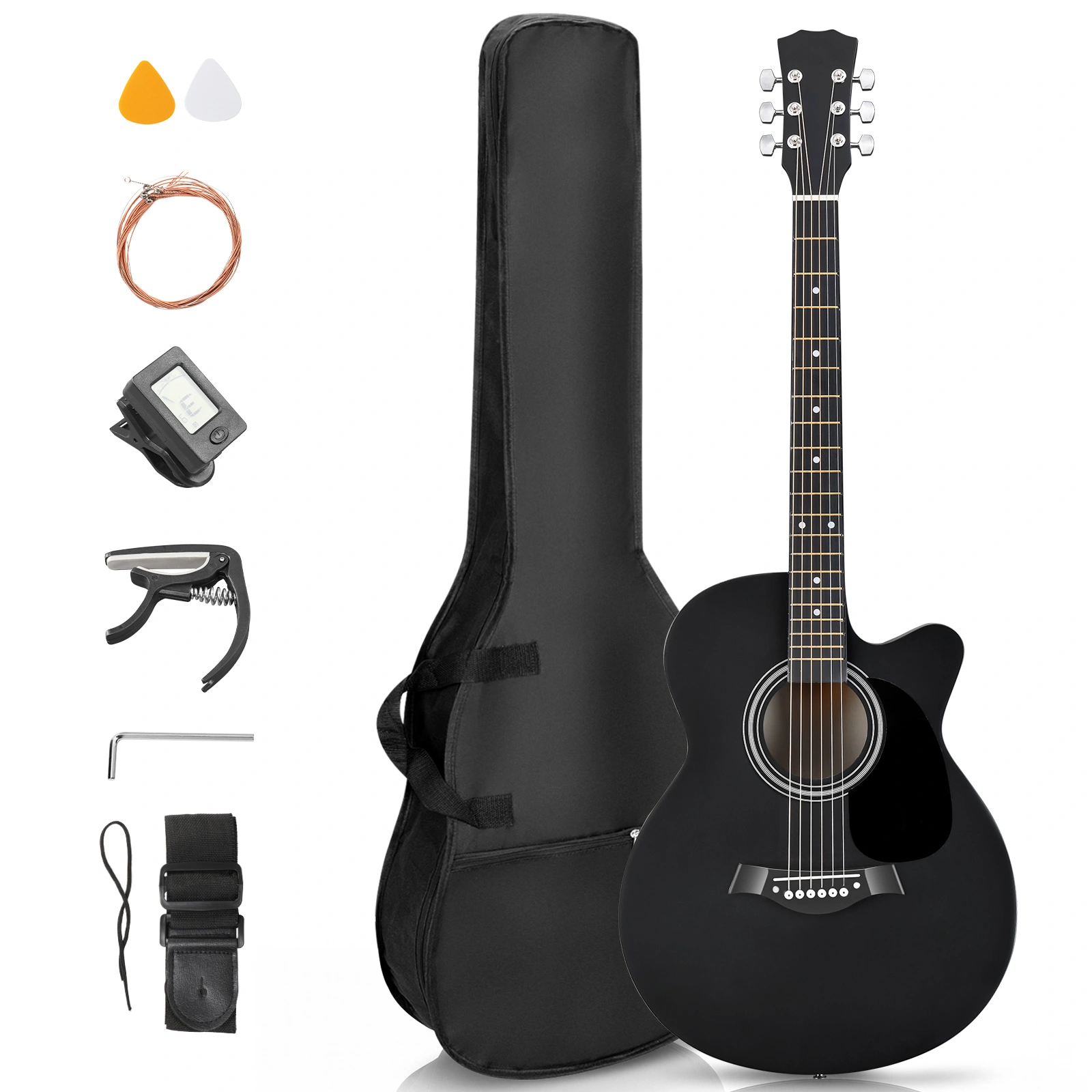 40 Inch Acoustic Guitar for Beginners, GA Body, Basswood, Matte Black, 6-String Student Folk Guitar with Case, Picks & Strap view 5