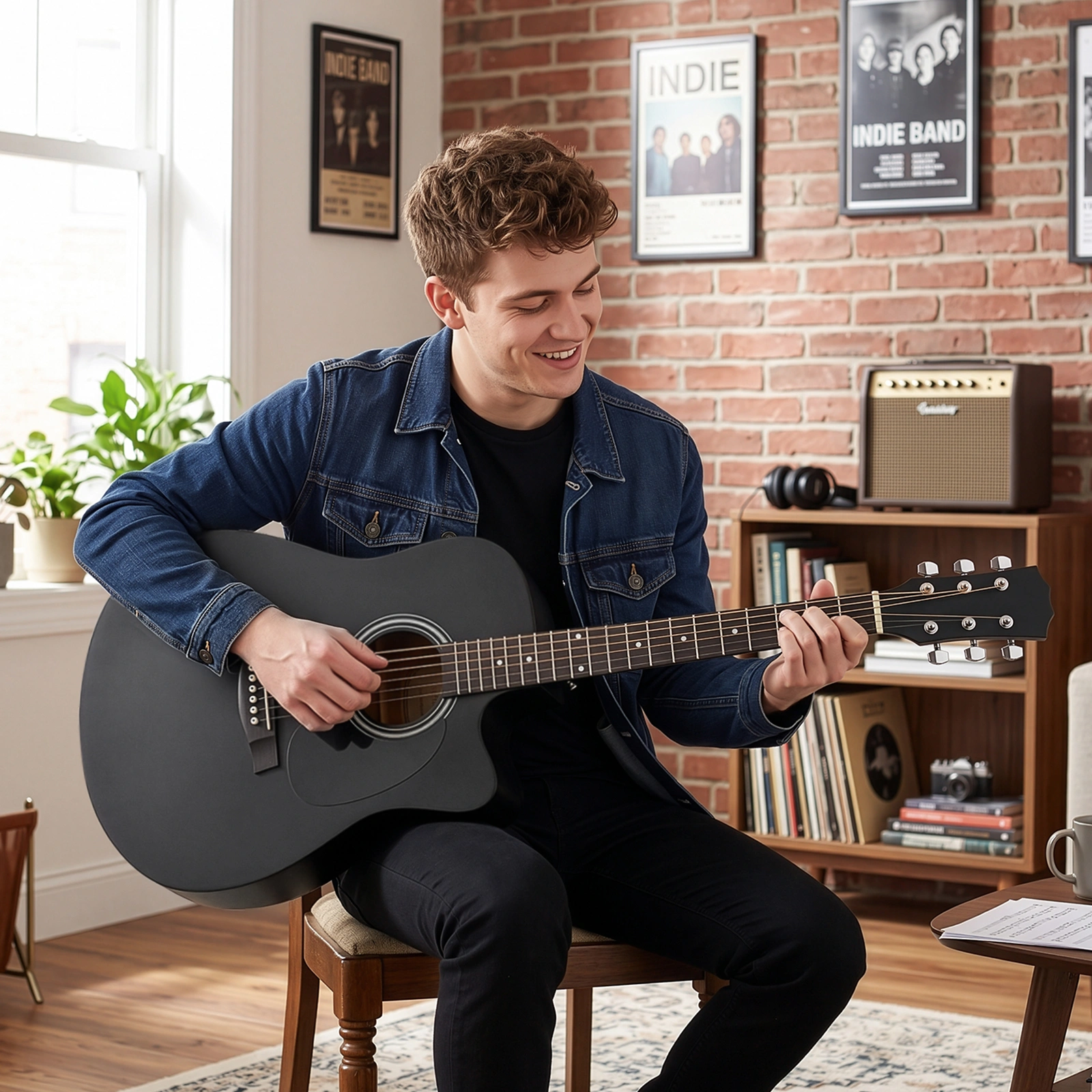 40 Inch Acoustic Guitar for Beginners, GA Body, Basswood, Matte Black, 6-String Student Folk Guitar with Case, Picks & Strap view 9