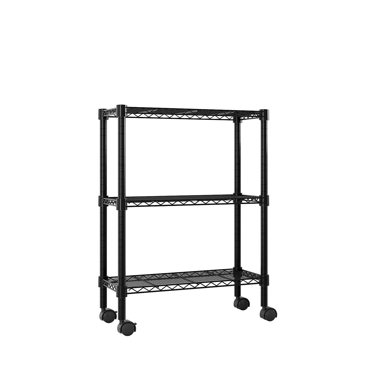 3-Tier Plastic-Coated Metal Shelving Unit 350x600x850mm, 1.5" Caster Wheels, Black Storage Rack view 3
