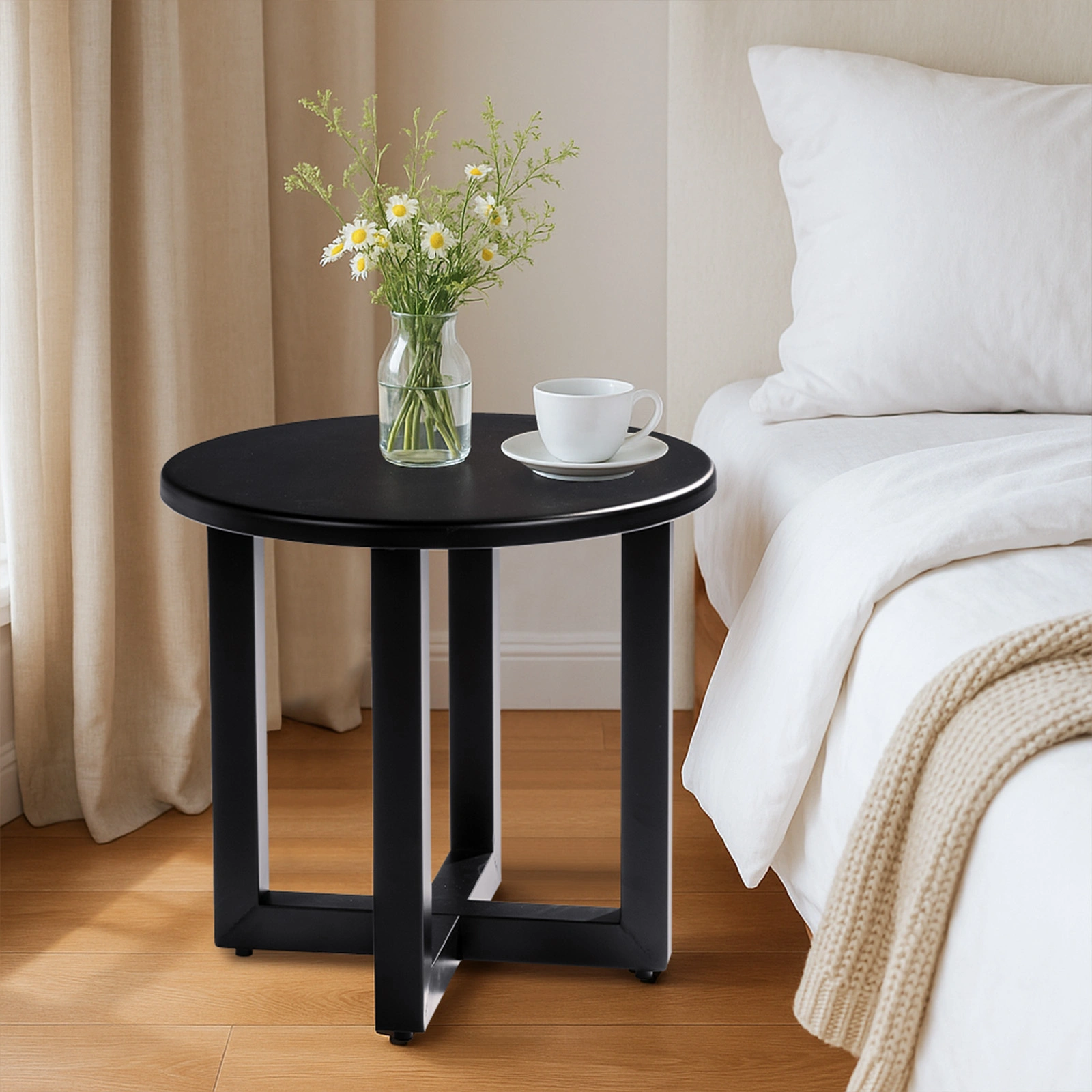 Outdoor Metal Round Table, Weather Resistant Patio End Table Side Table Coffee Bistro Table for Indoor Outdoor, Black view 6