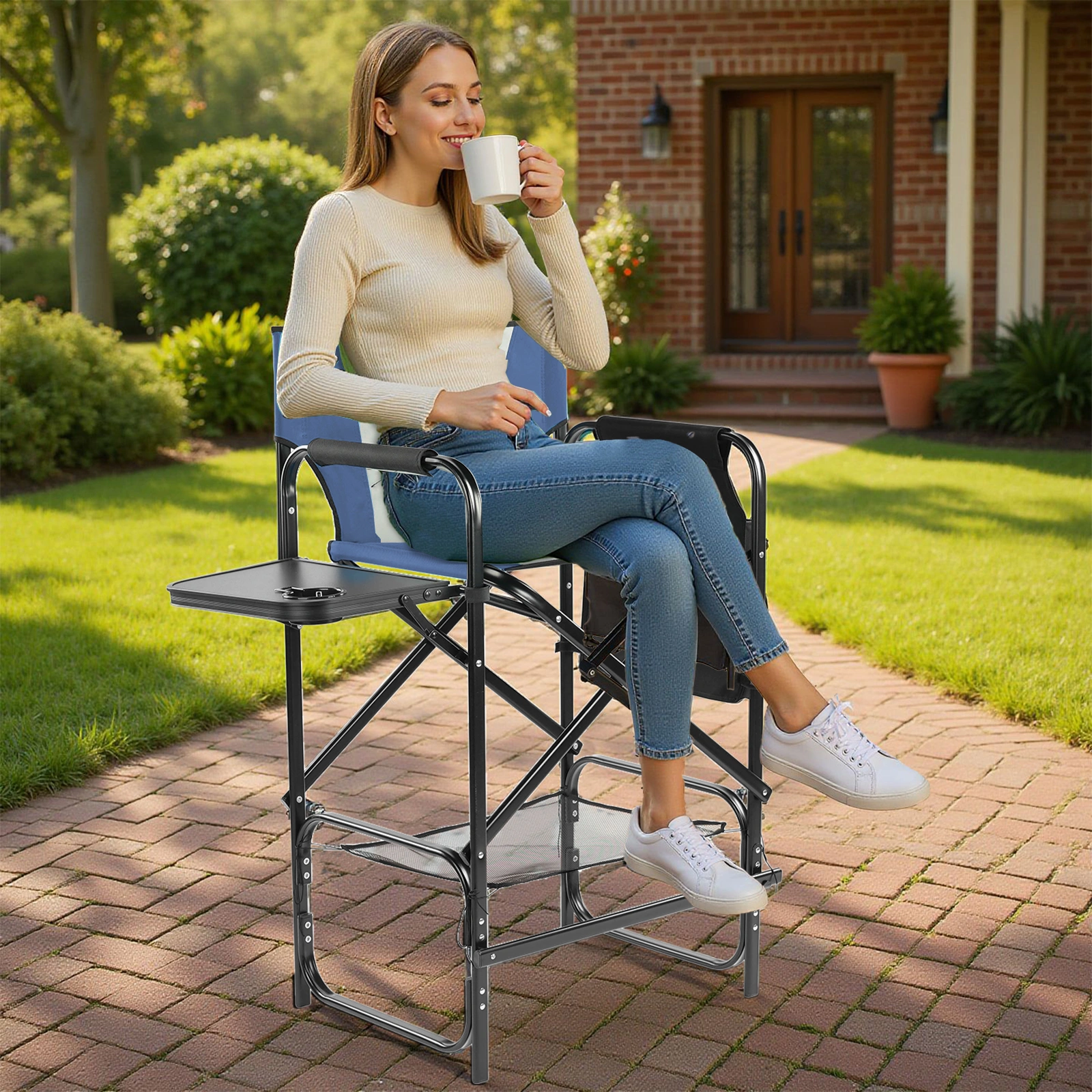 31" Tall Directors Chair with Footrest, 4Portable Bar Height Folding Camping Chair with Built-in Cup Holder, Side Table, Storage Pocket, Gray & Navy view 11