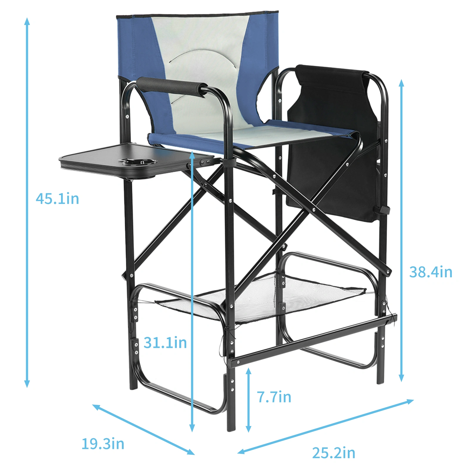 31" Tall Directors Chair with Footrest, 4Portable Bar Height Folding Camping Chair with Built-in Cup Holder, Side Table, Storage Pocket, Gray & Navy view 3
