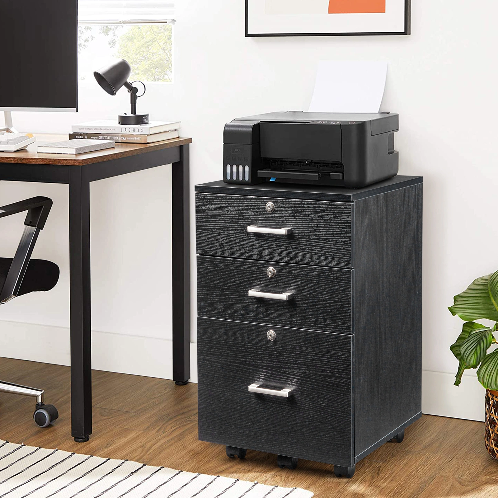 Black Wood Grain Density Board Three Drawers Wooden Filing Cabinet view 10