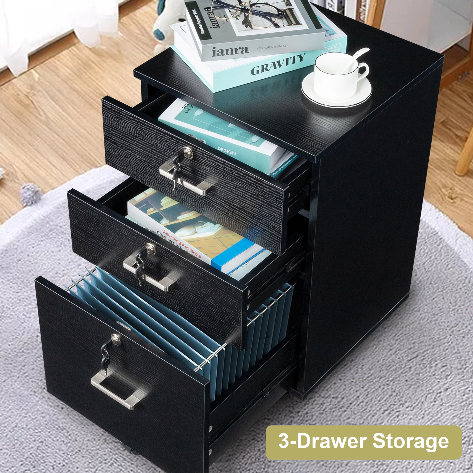 Black Wood Grain Density Board Three Drawers Wooden Filing Cabinet view 14
