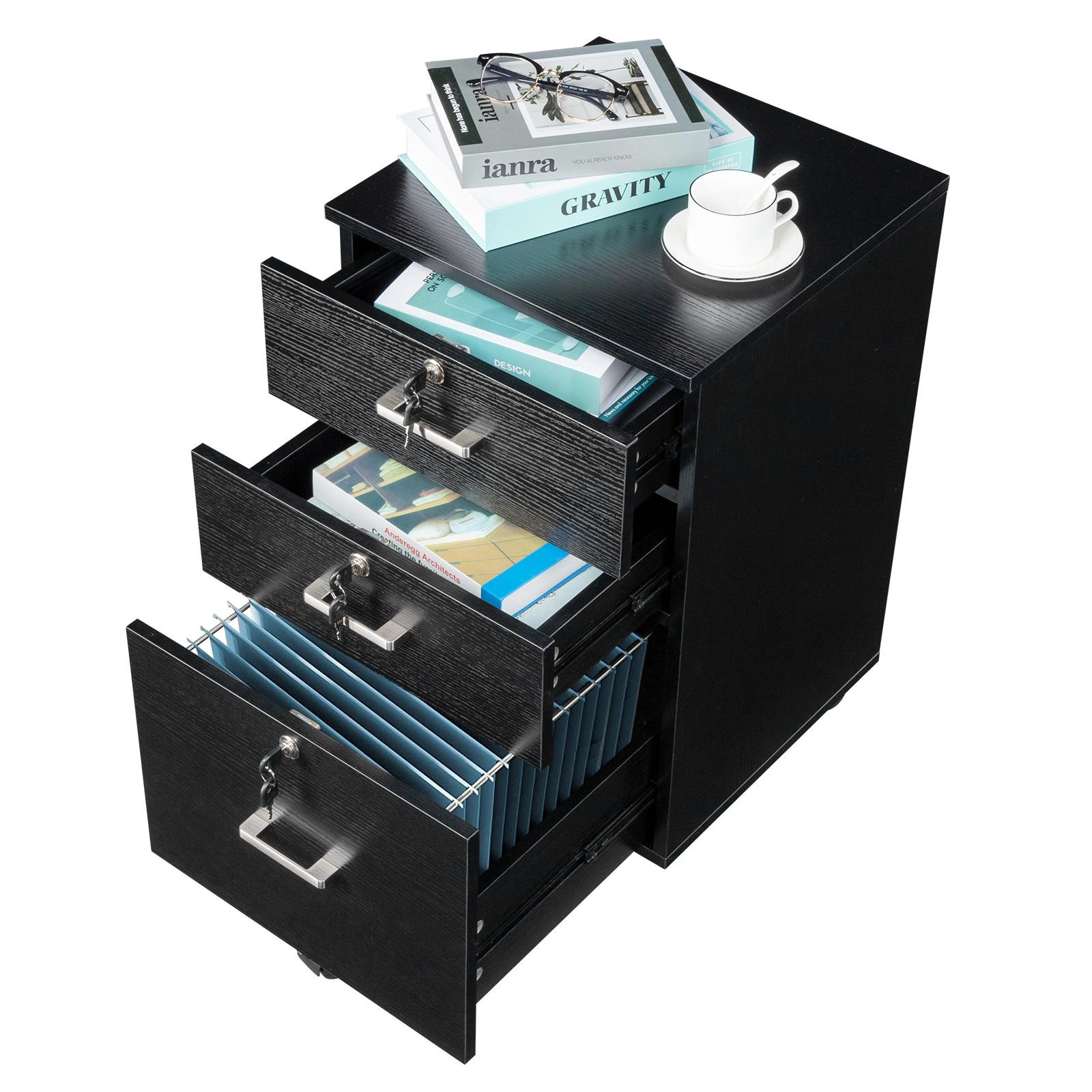 Black Wood Grain Density Board Three Drawers Wooden Filing Cabinet view 7