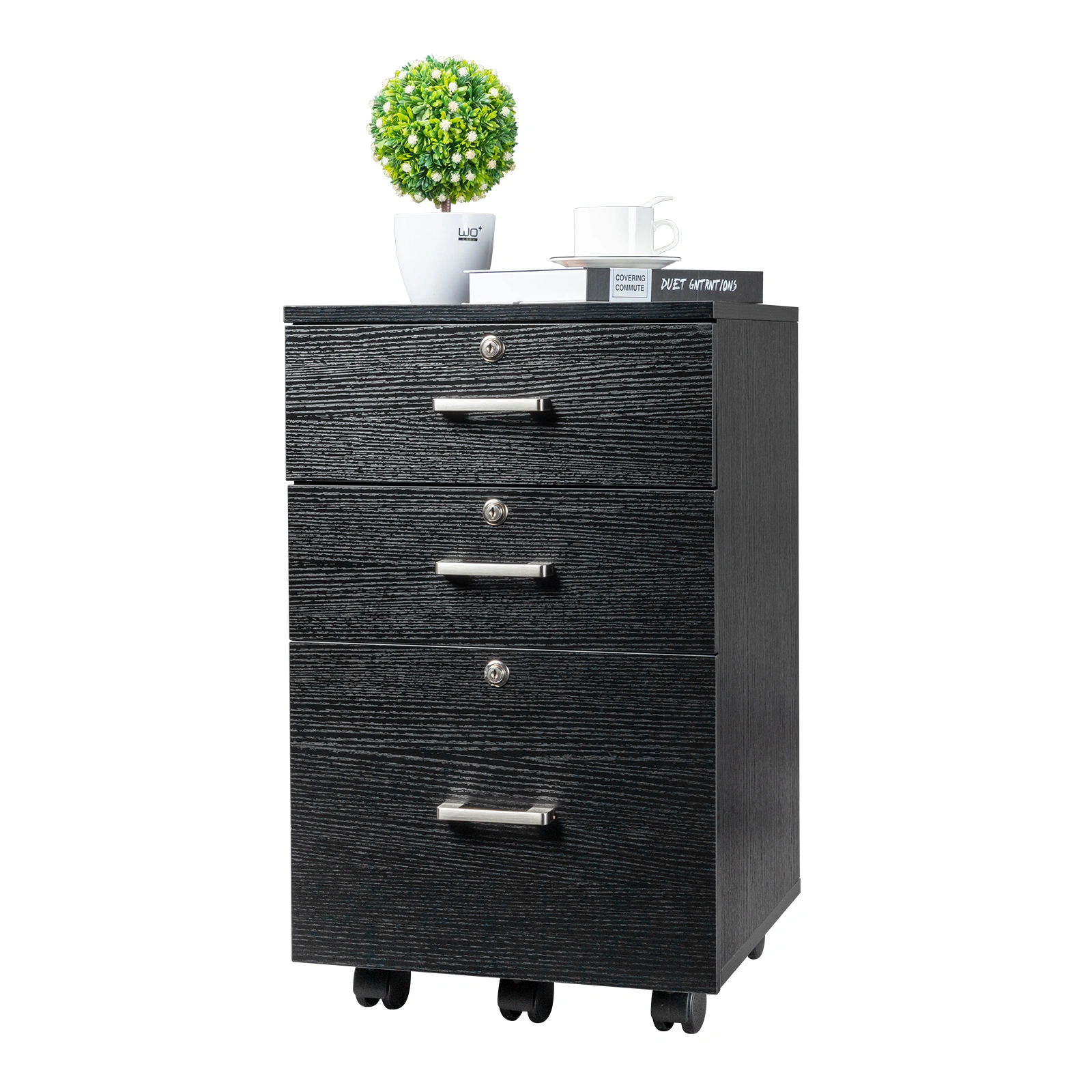 Black Wood Grain Density Board Three Drawers Wooden Filing Cabinet view 9