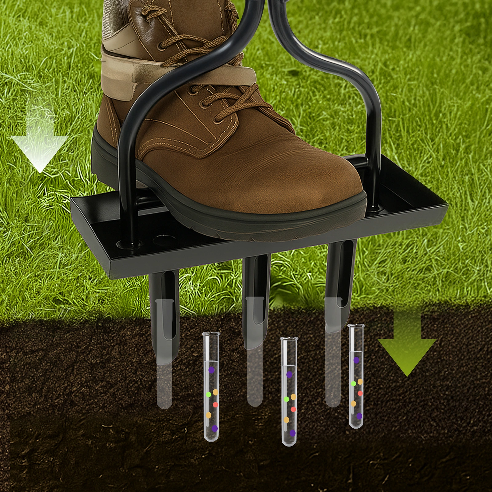 43in Lawn Aerator Garden Tool with Soil Core Tray, Manual Grass Plug Aerators & A Cleaning Tool, Coring Aeration Tools with 3 Tines for Gardening, Soil Compaction, Lawn Yard Care, Black view 2
