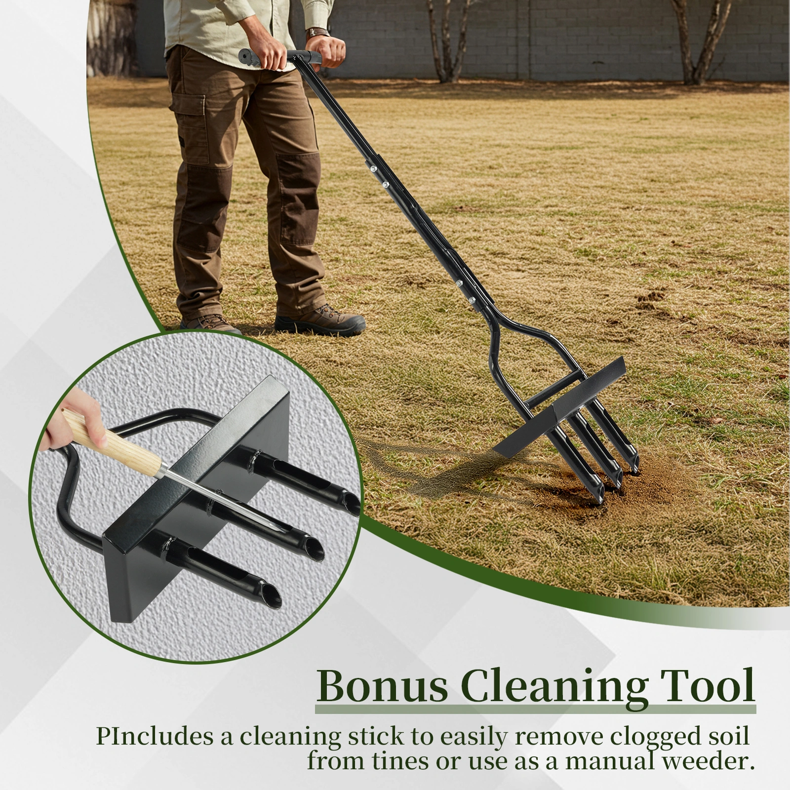 43in Lawn Aerator Garden Tool with Soil Core Tray, Manual Grass Plug Aerators & A Cleaning Tool, Coring Aeration Tools with 3 Tines for Gardening, Soil Compaction, Lawn Yard Care, Black view 9