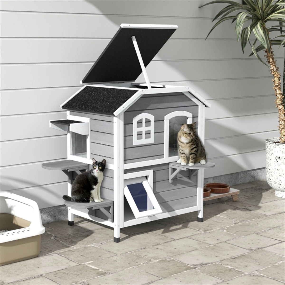 Gray 2-Story Waterproof Outdoor Cat House with Escape Door Openable Roof for Indoor Outdoor Use