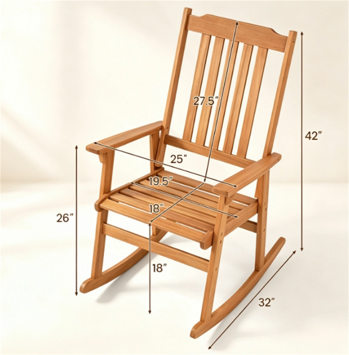 Solid Acacia Wood Outdoor Rocking Chair, Heavy Duty 400LBS Capacity Porch Rocker with Slatted Back for Backyard Deck Garden view 7