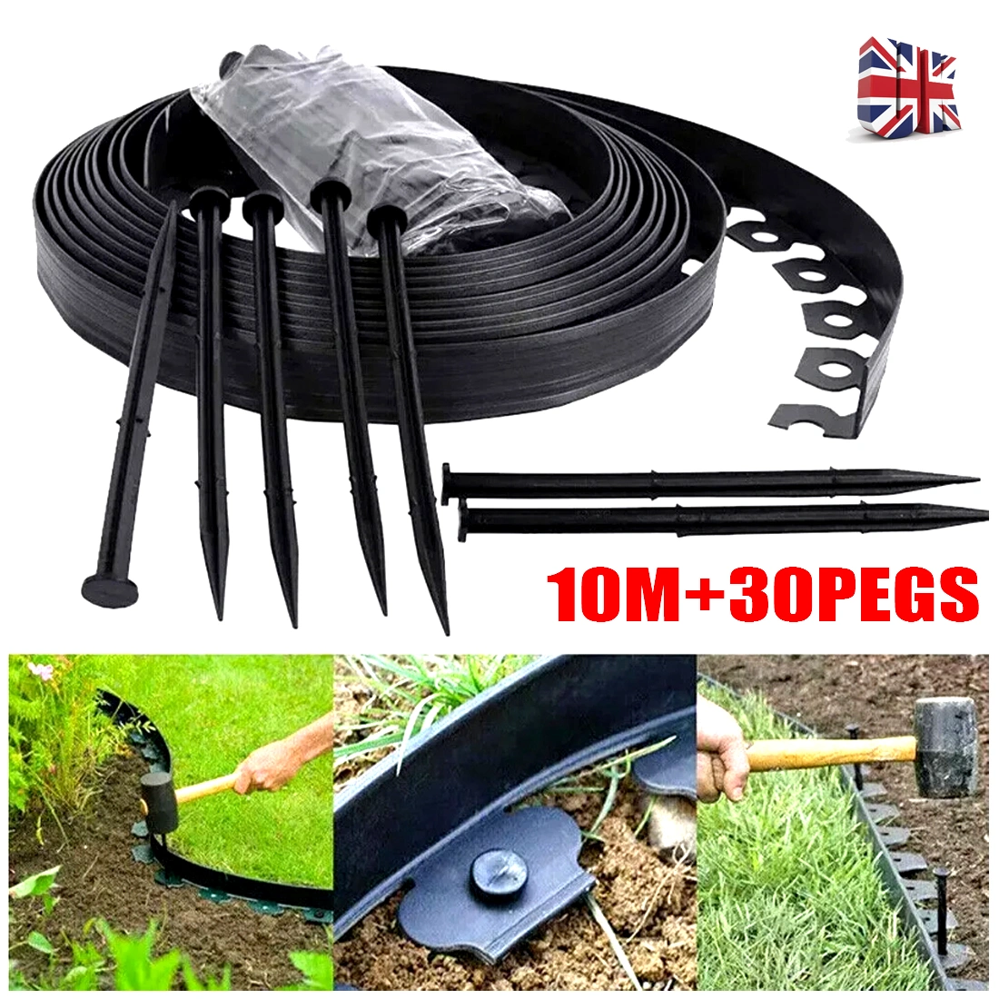 10m Garden Lawn Edging Strip Outdoor Boundary Border with 30 Fixing Nails